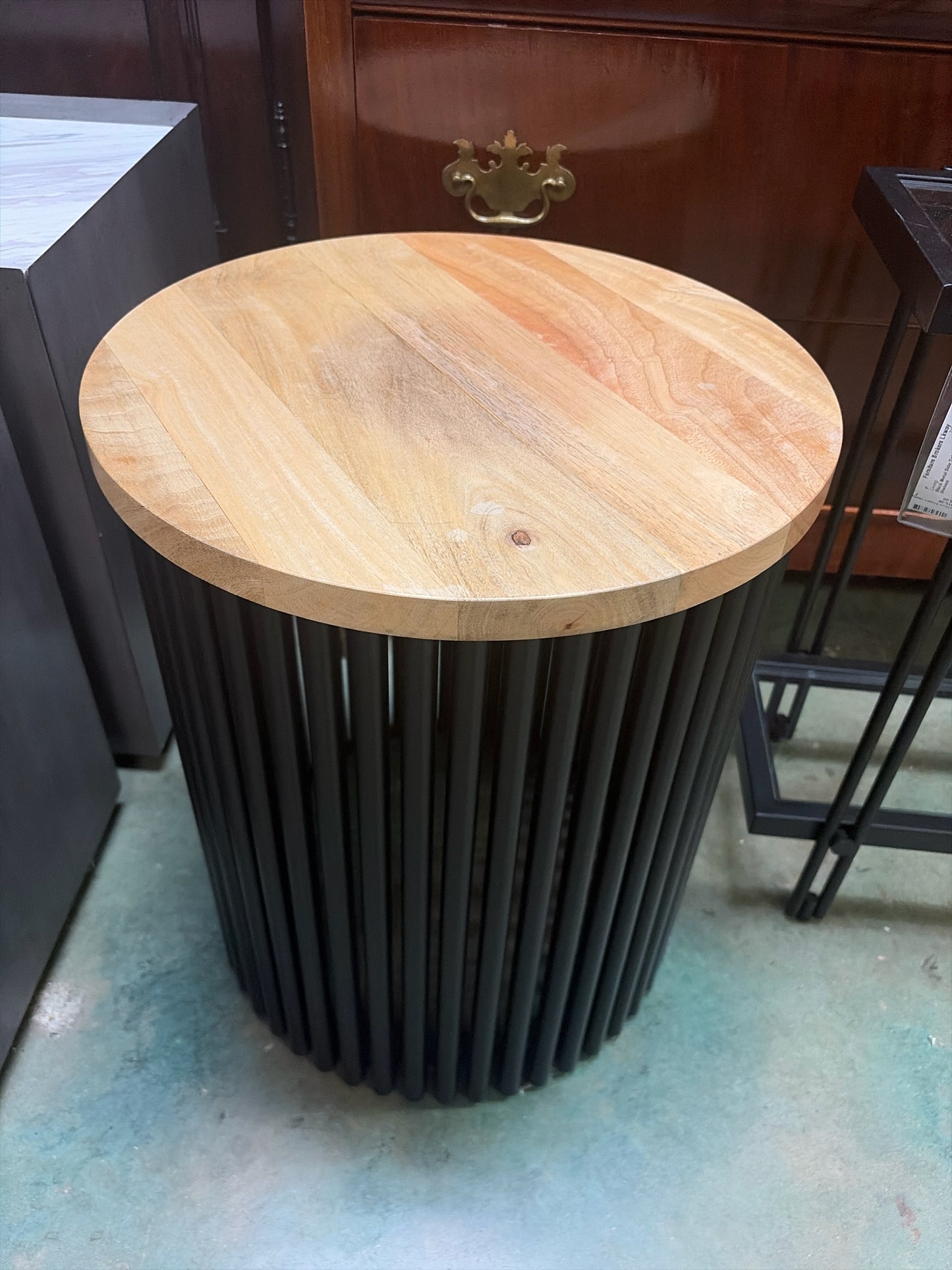 Drum Side Table w/Oak Top & Black Base