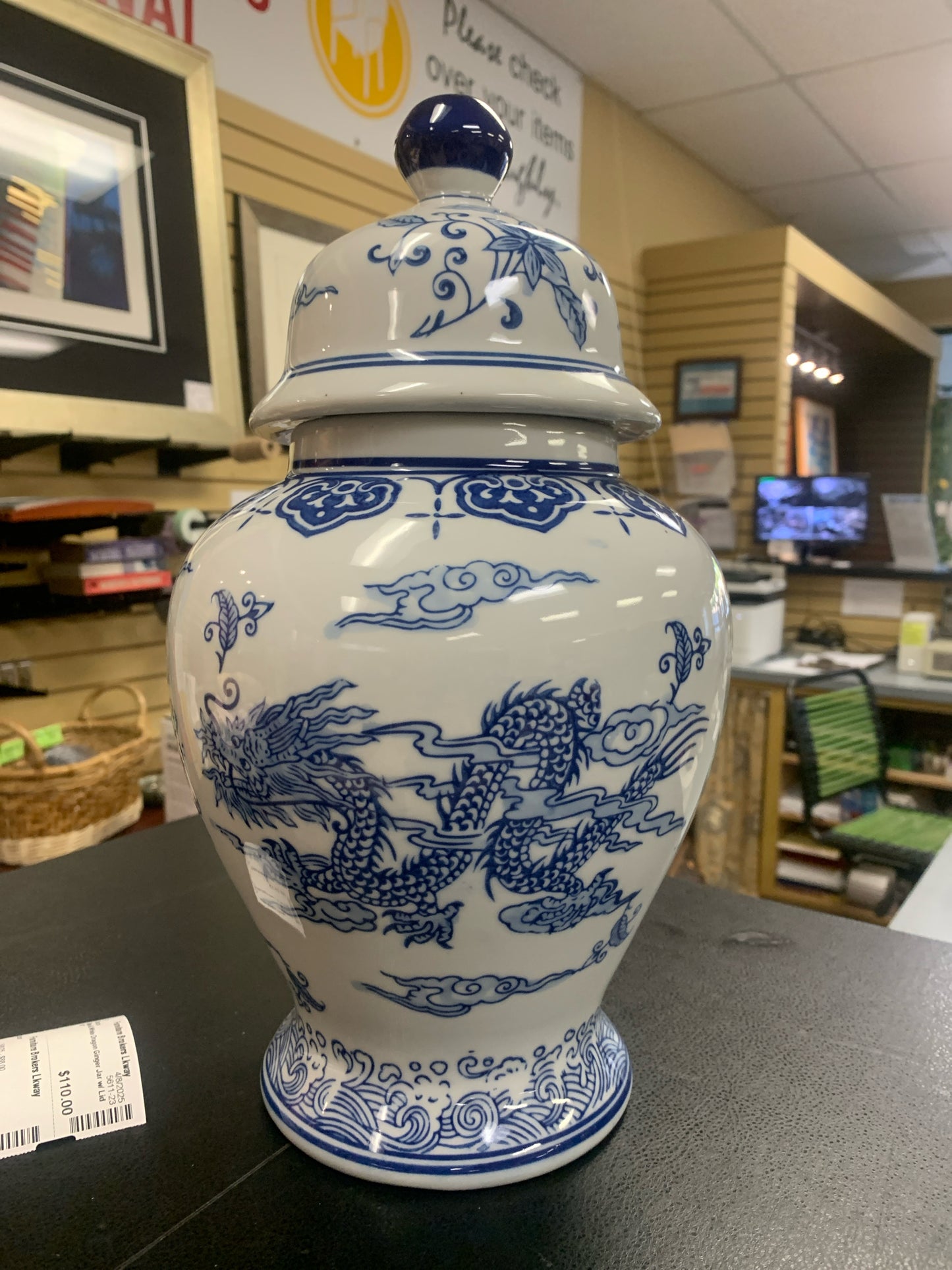 Blue & White Dragon Ginger Jar w/ Lid 14"