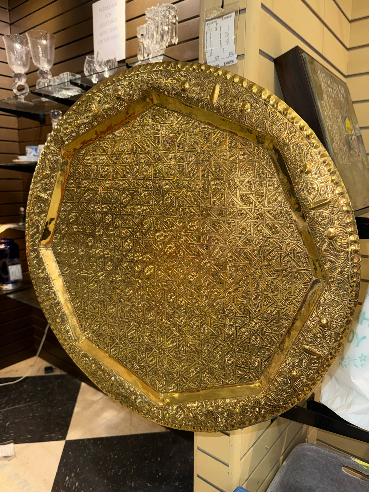 22" Moroccan Vintage Islamic Hand-engraved Solid Brass Tray w/Stamped Artisan