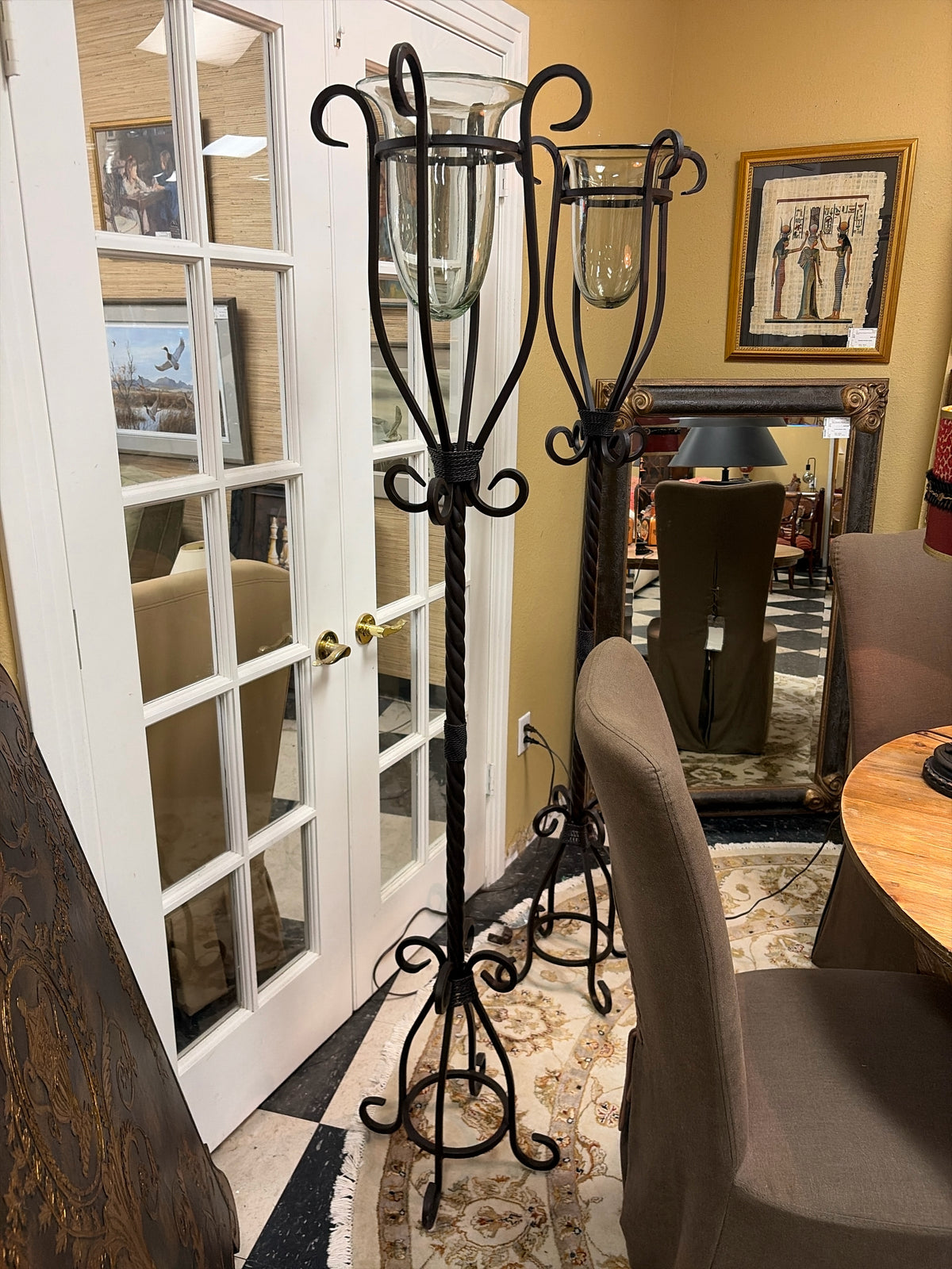 Forged Iron Floor Hurricane Torchiere w/Glass