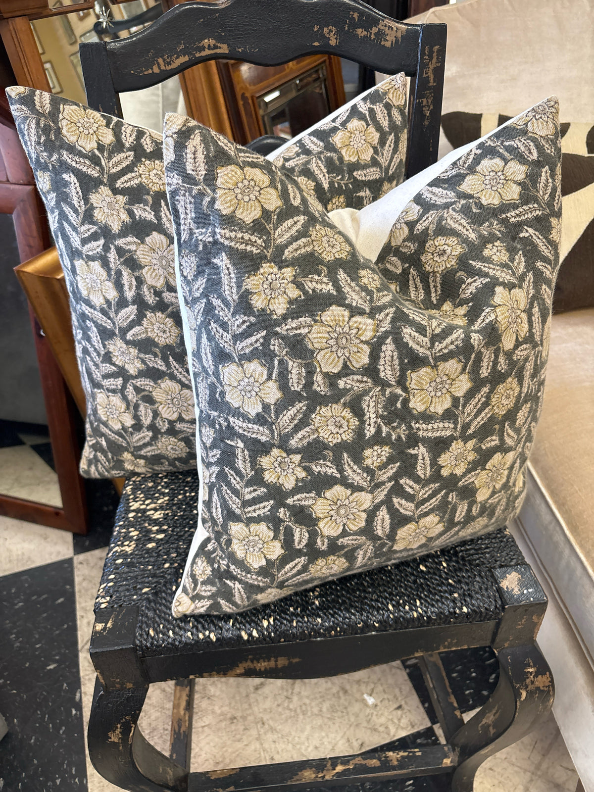 PAIR of Down Filled Rug & Weave Gray Floral Pillows w/Ivory Linen Backs