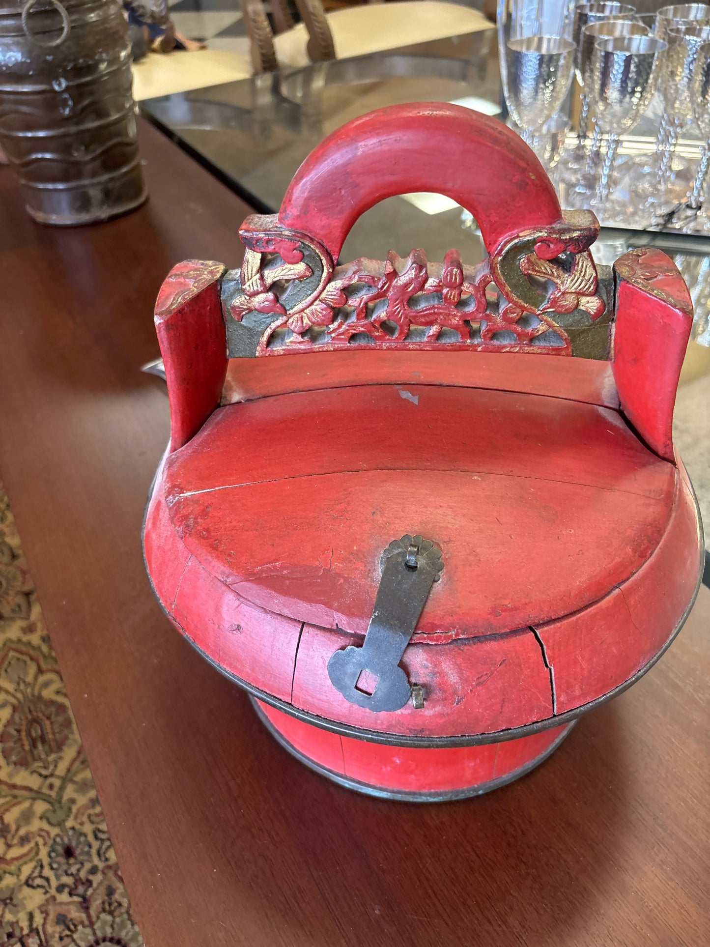 Antique Hand Painted Red Chinese Wedding Basket