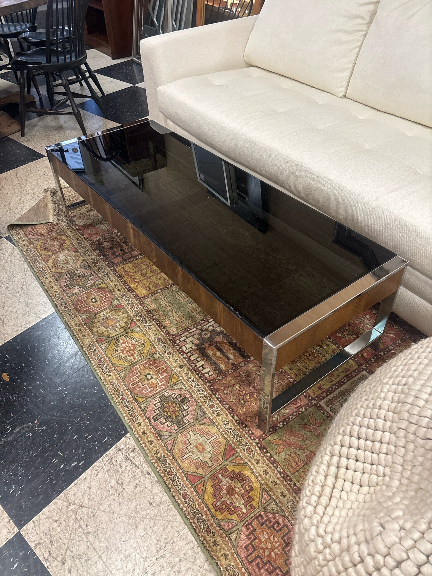 Vintage MCM Chrome/Wood/Glass Coffee Table (56x20)