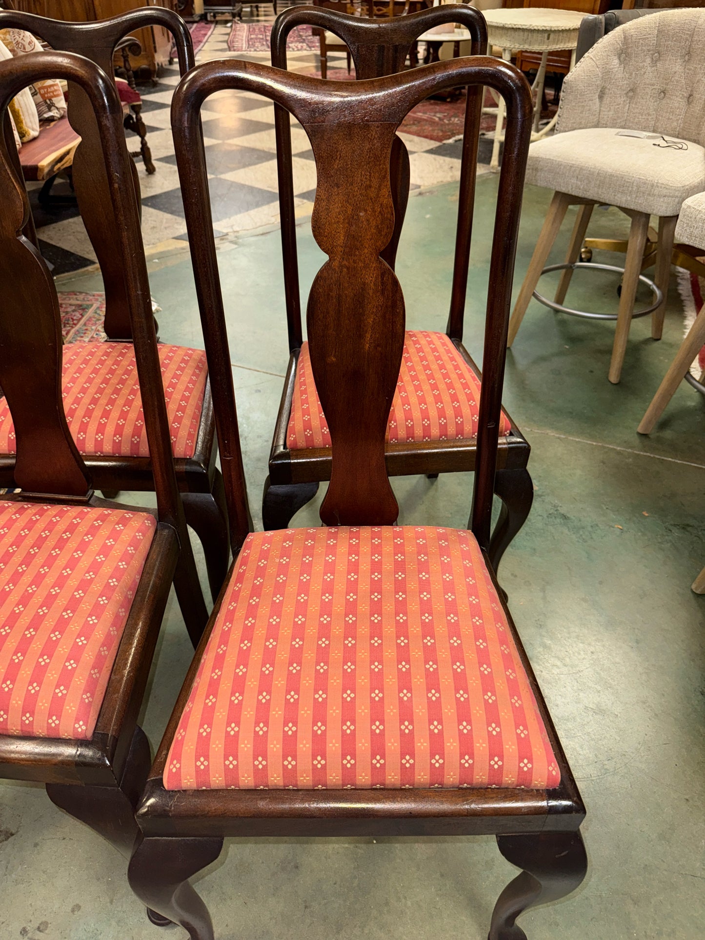 SET (4) - Brown Queen Anne Style Chairs w/ Orange Upholstered Seats
