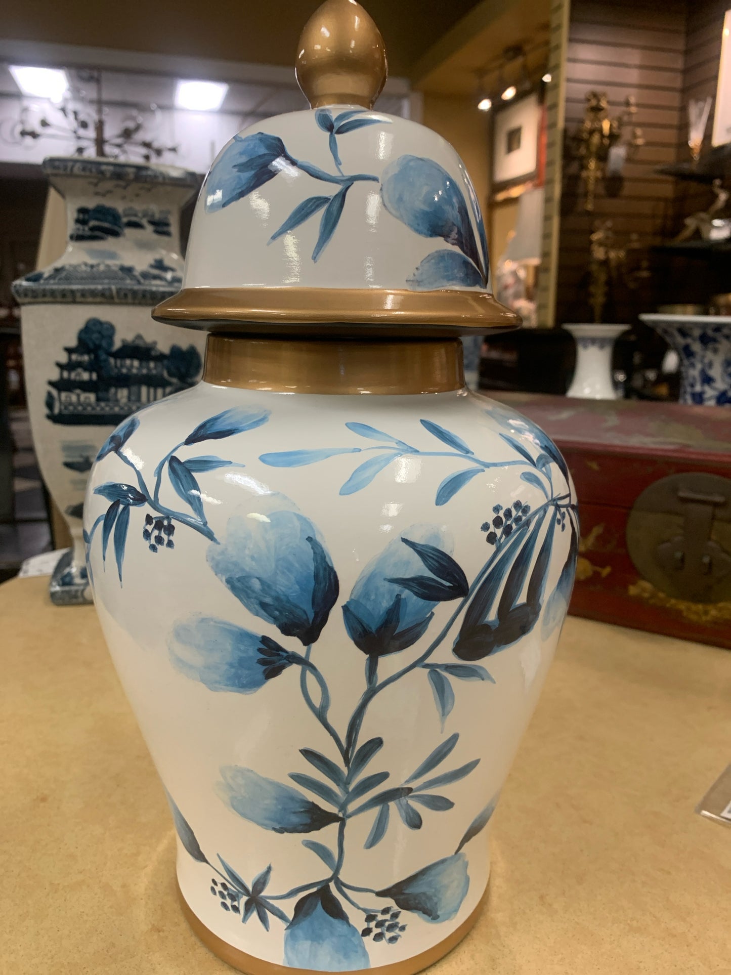 Lt Blue & White Ginger Jar w/ Bronze Trimmed Lid 14"