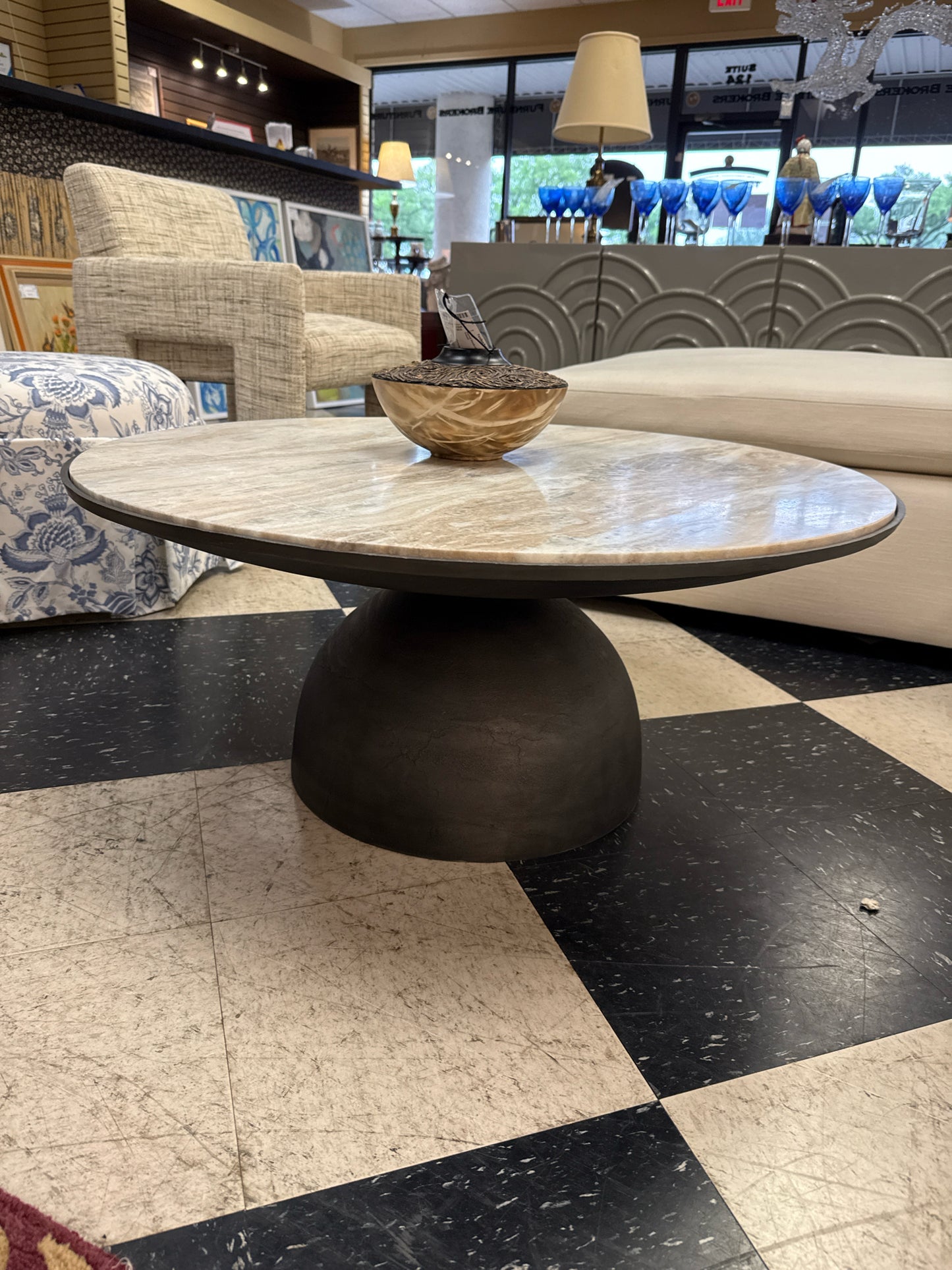 Coffee Table Round Metal Base w/ marble Top (35 x 16)