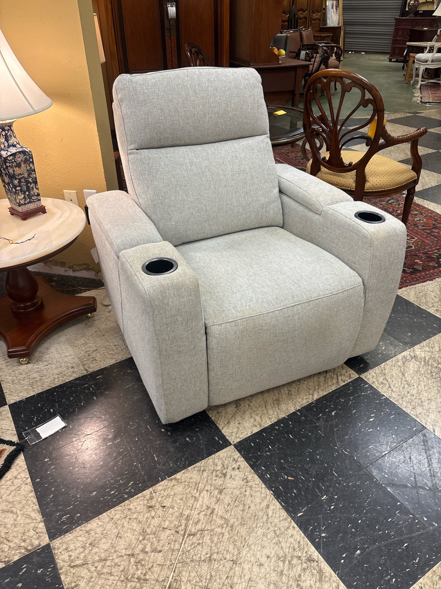 Gray Upholstered Electric Recliner w/ Cup Holders (Lights on Bottom)