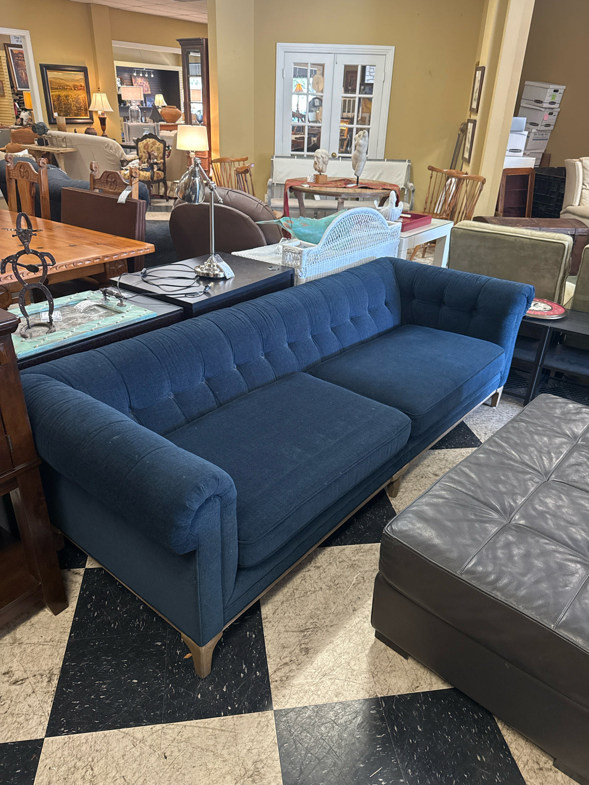 Four Hands Kensington Griffon Upholstered Plush Navy Velvet Tufted Sofa w/Walnut