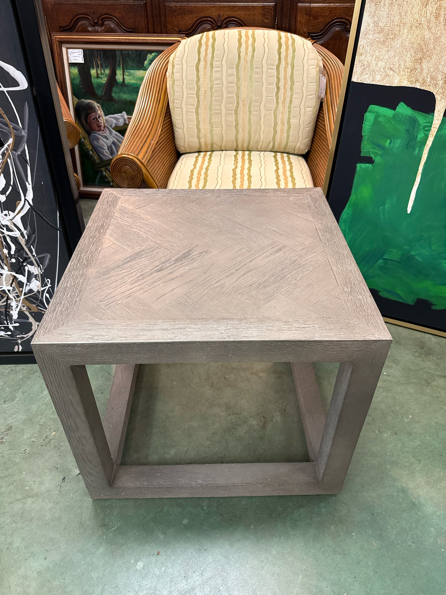 RH Herringbone Square Side Table w/Weathered Gray Oak Finish