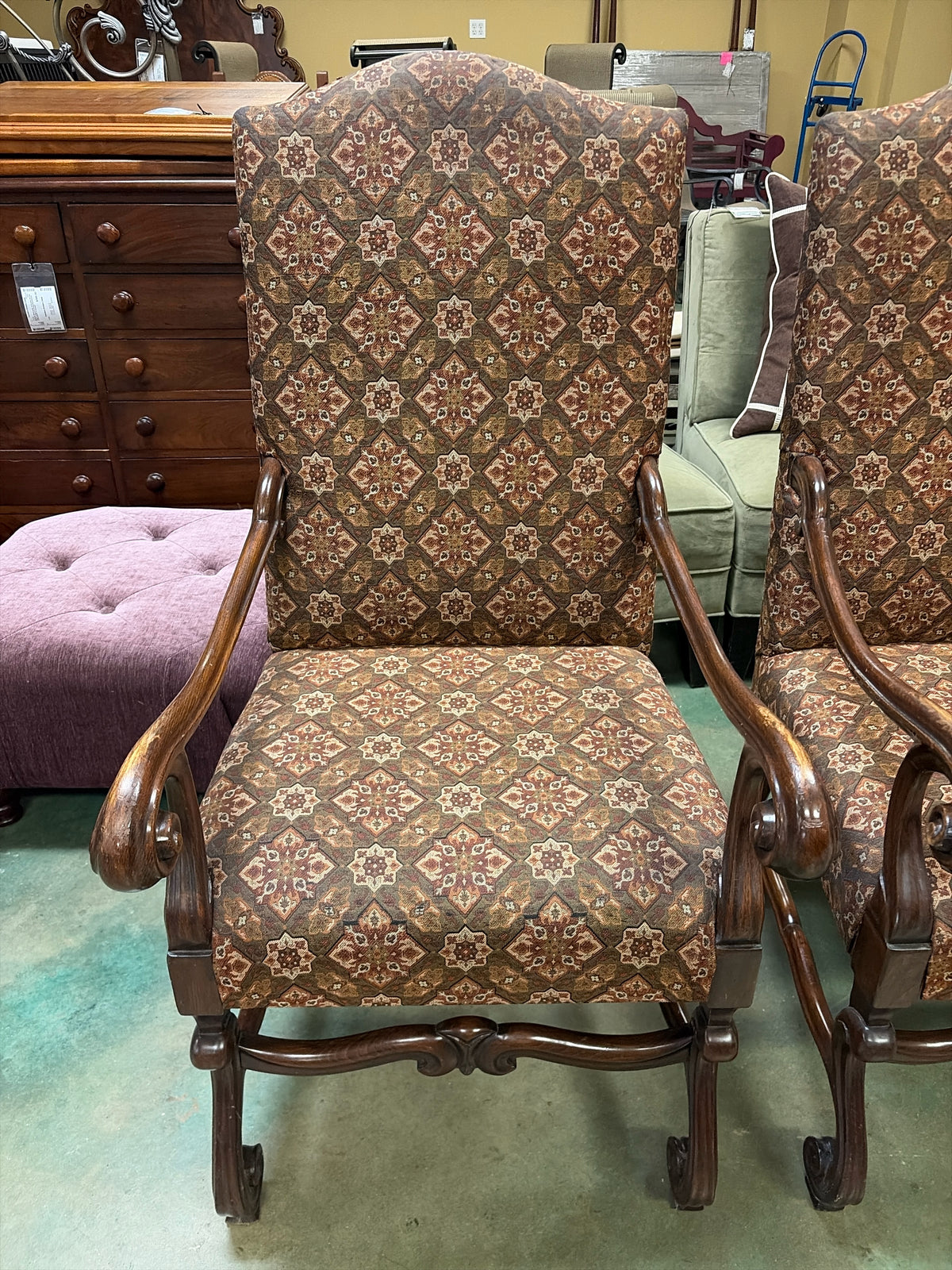 Pair French Style Accent Chairs-Brown Upholstery w/Wooden Arms/Legs