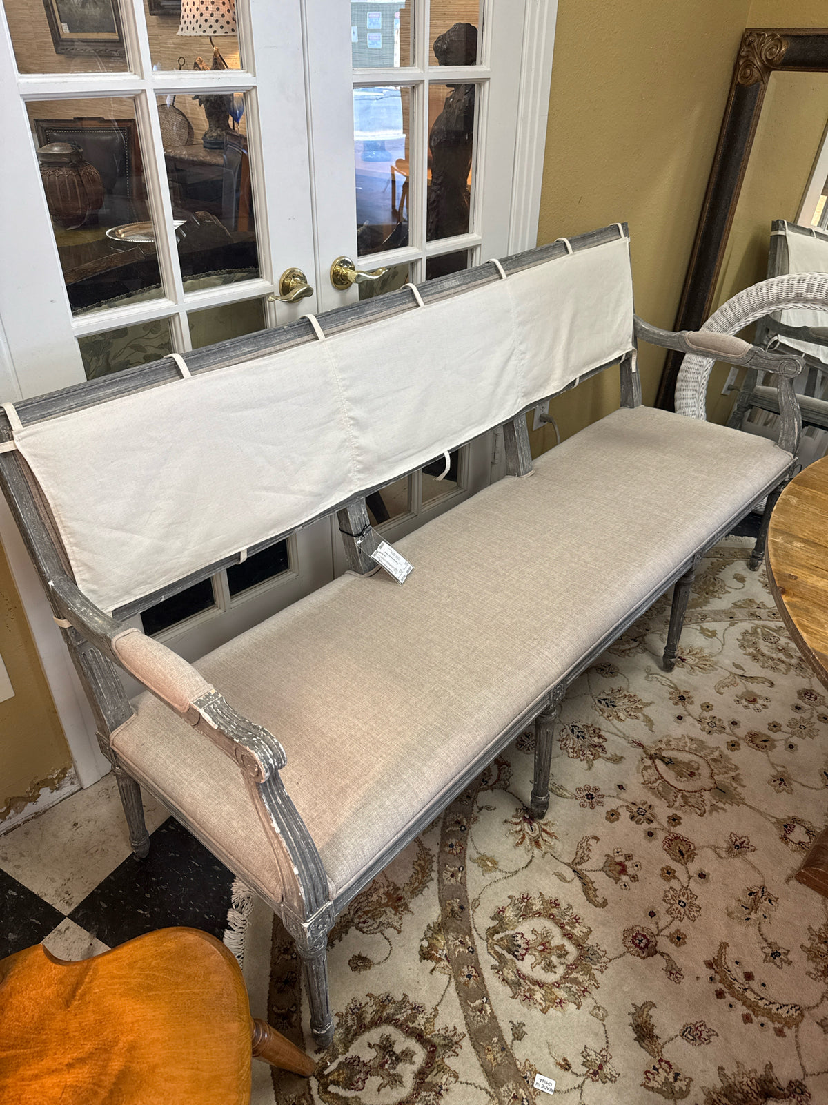 Cream Linen Slip-covered Bench Weathered Gray Wood Frame(72" x 49" x 36")