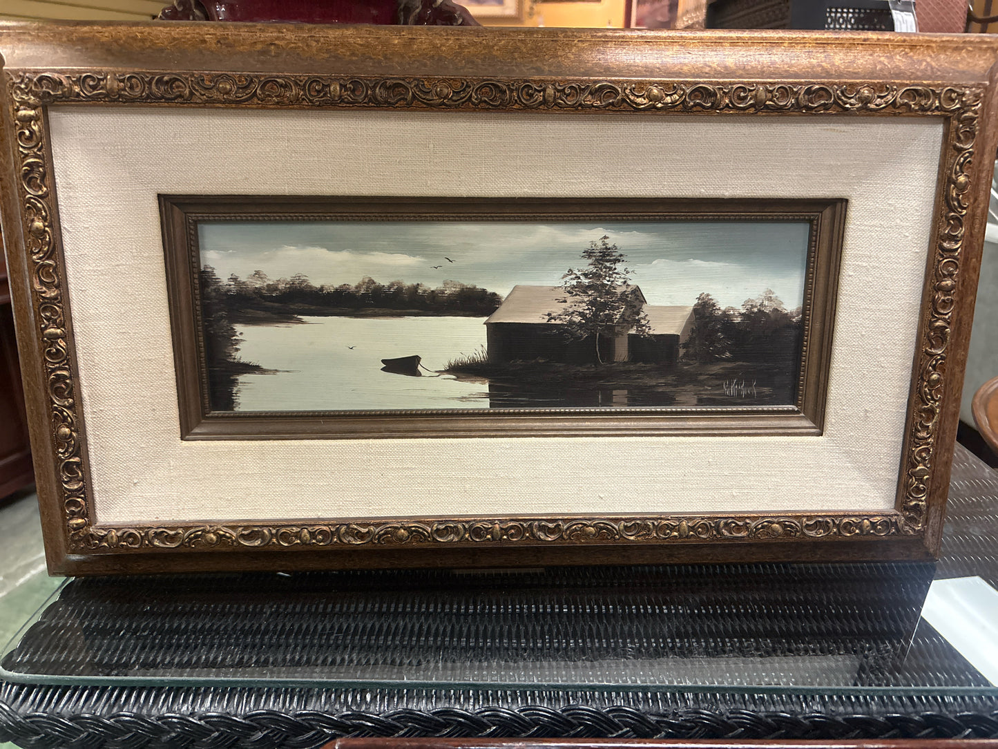 Signed Oil Painting "Lakehouse w/ Boat" (13x23)