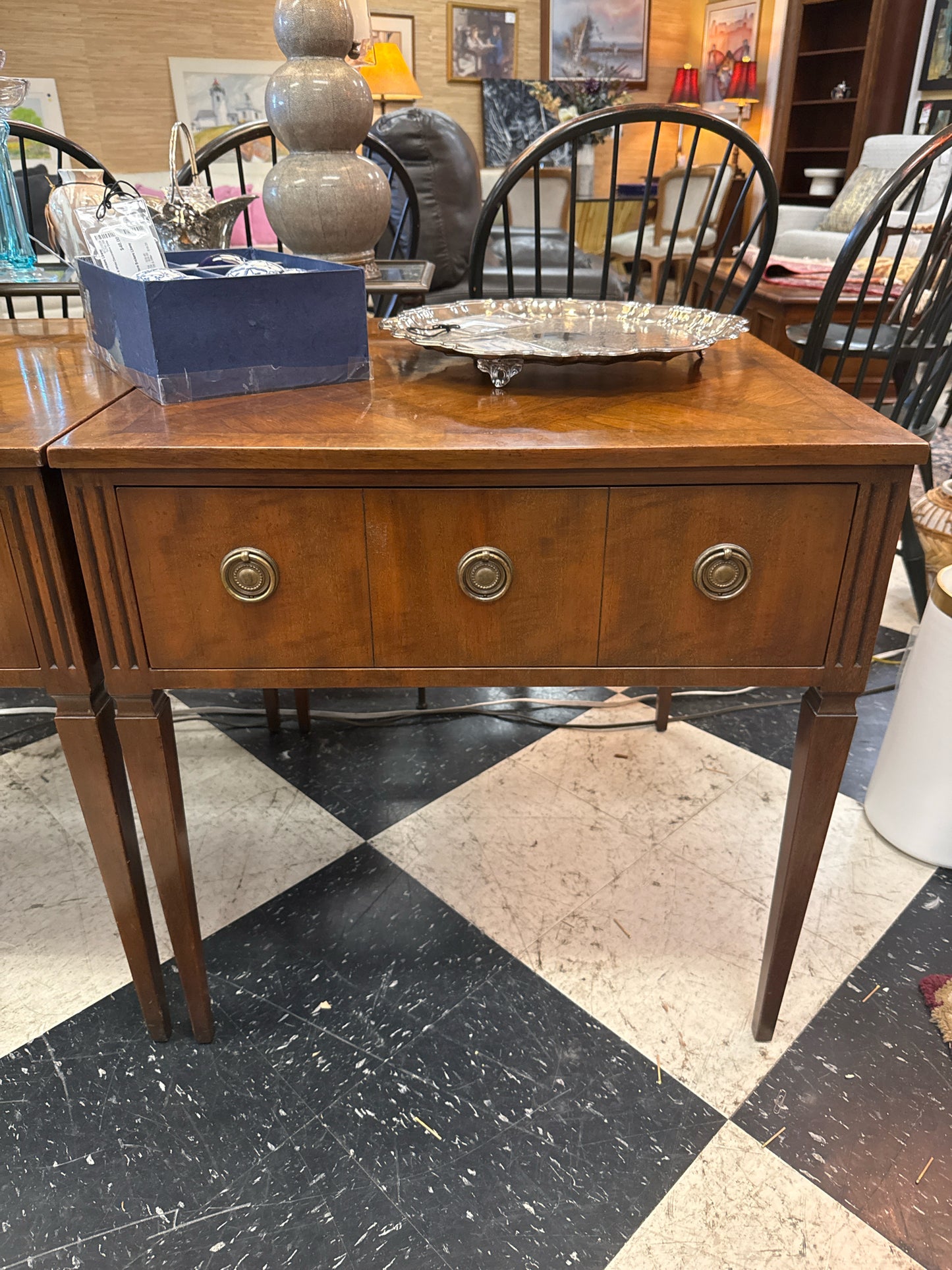 Kittinger Buffalo MCM Square SideTable Banded Parquetry Top Brass Pulls