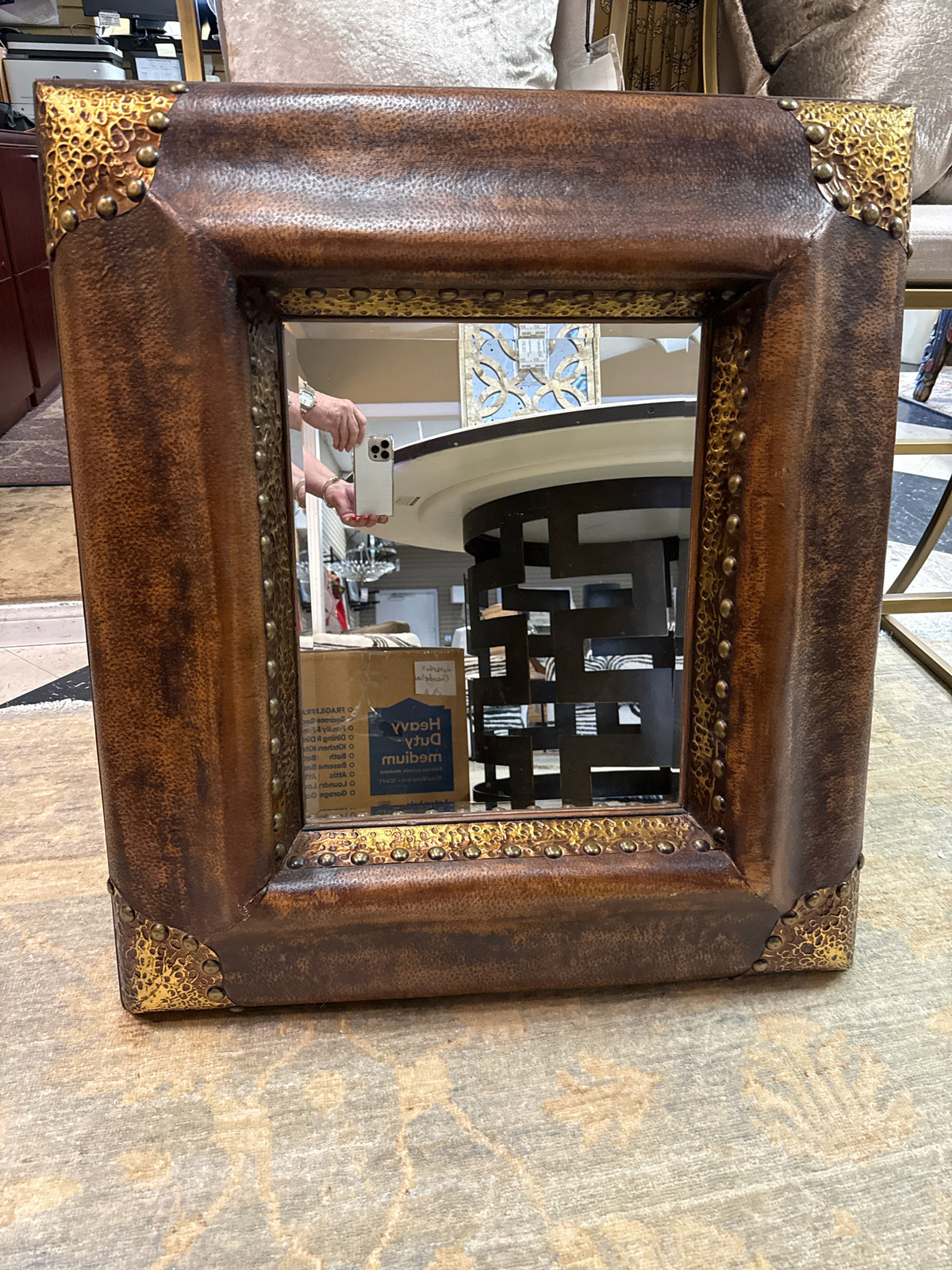 Rustic Copper Beveled Mirror w/ Gold Metal Corner Brackets