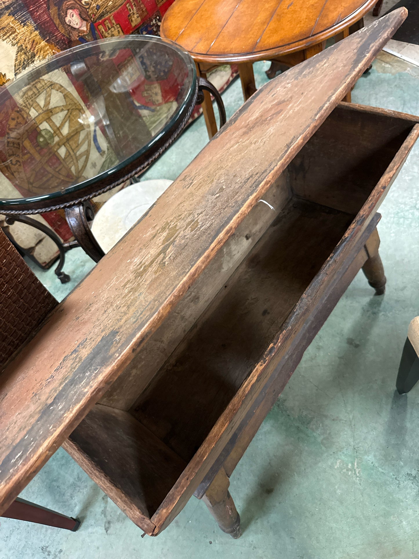 Round Top-Antique Wooden Planter/Dough Box w/Wood Top