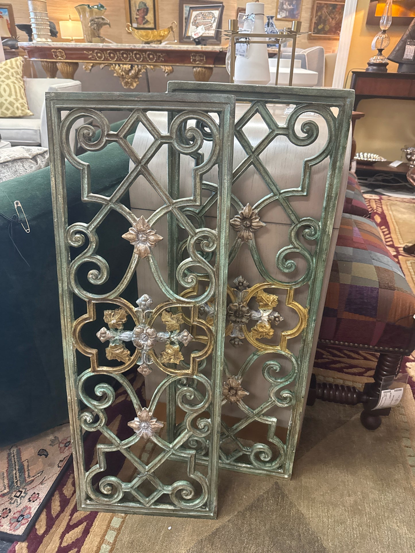 PAIR Matched Vintage Metal Openwork Trellis Wall Panels w/Green Patina & Gold Ac