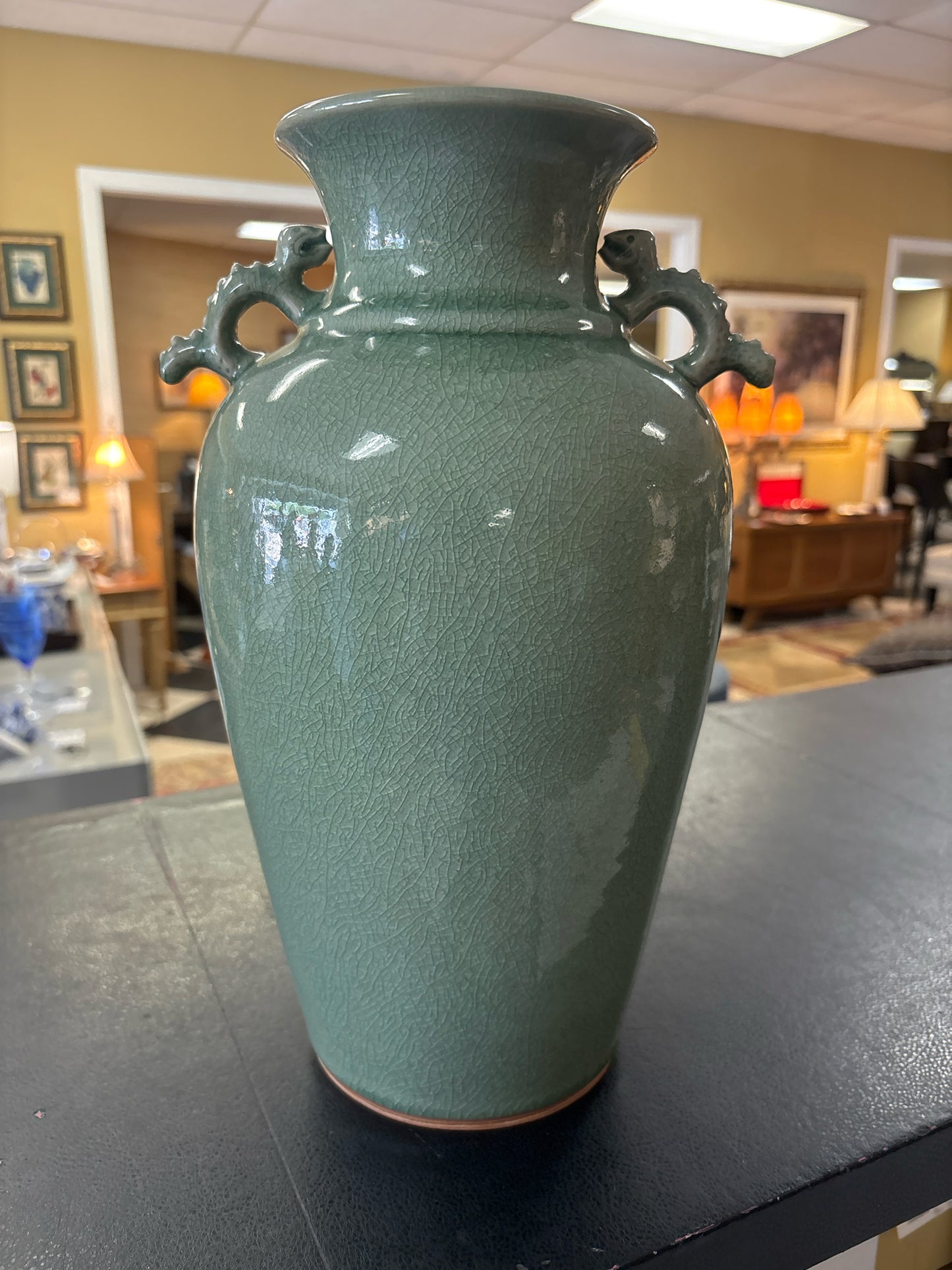 Green Crackle Thai Celadon Style Vase w/ Handles