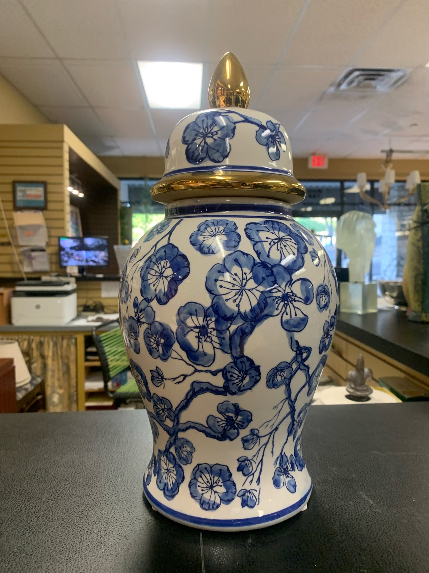 Blue & White Ginger Jar w/ Gold Trimmed Lid 14"