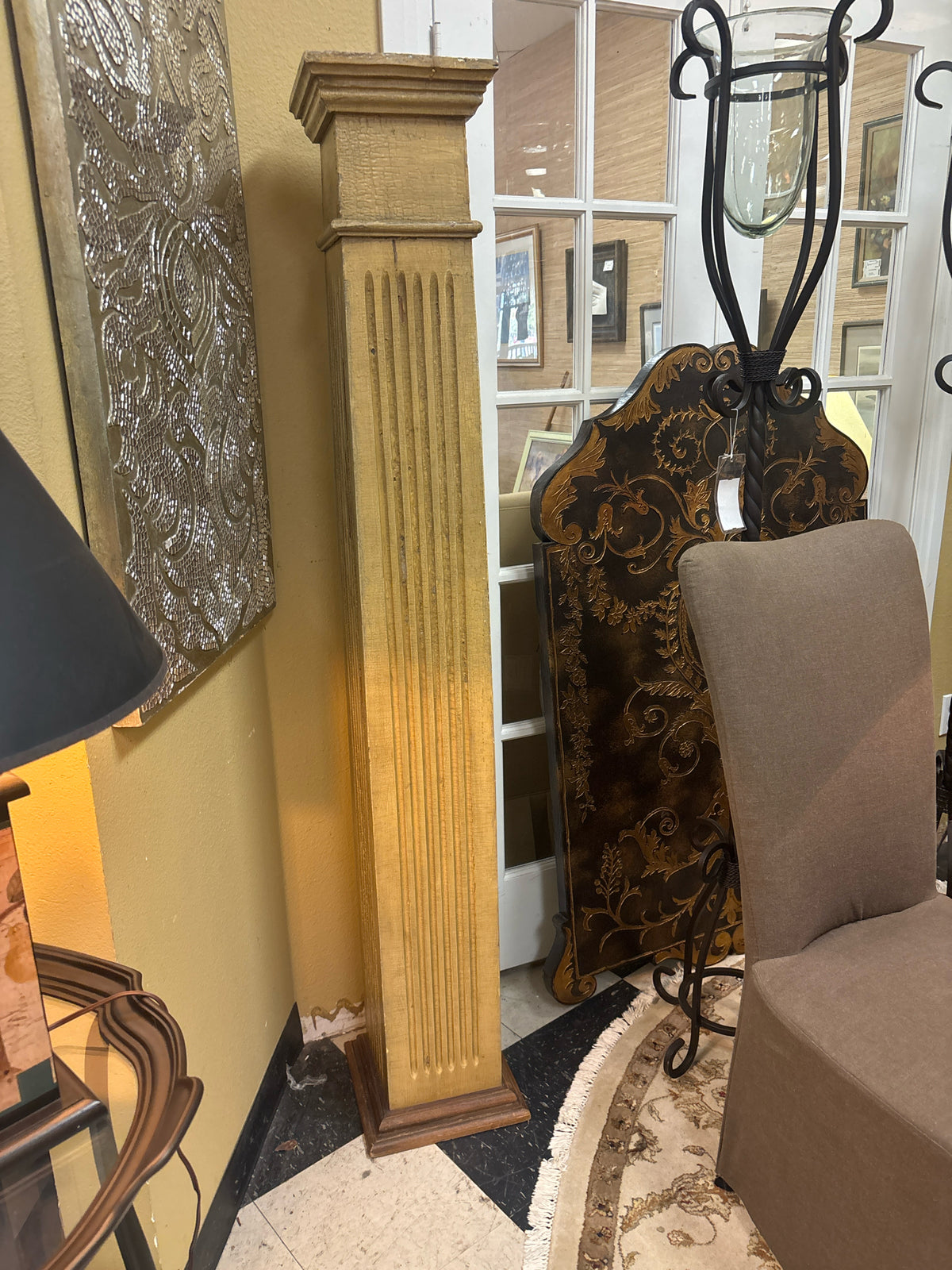 Tall Square Fluted Painted Wood Pedestal Column from Round Top (68")