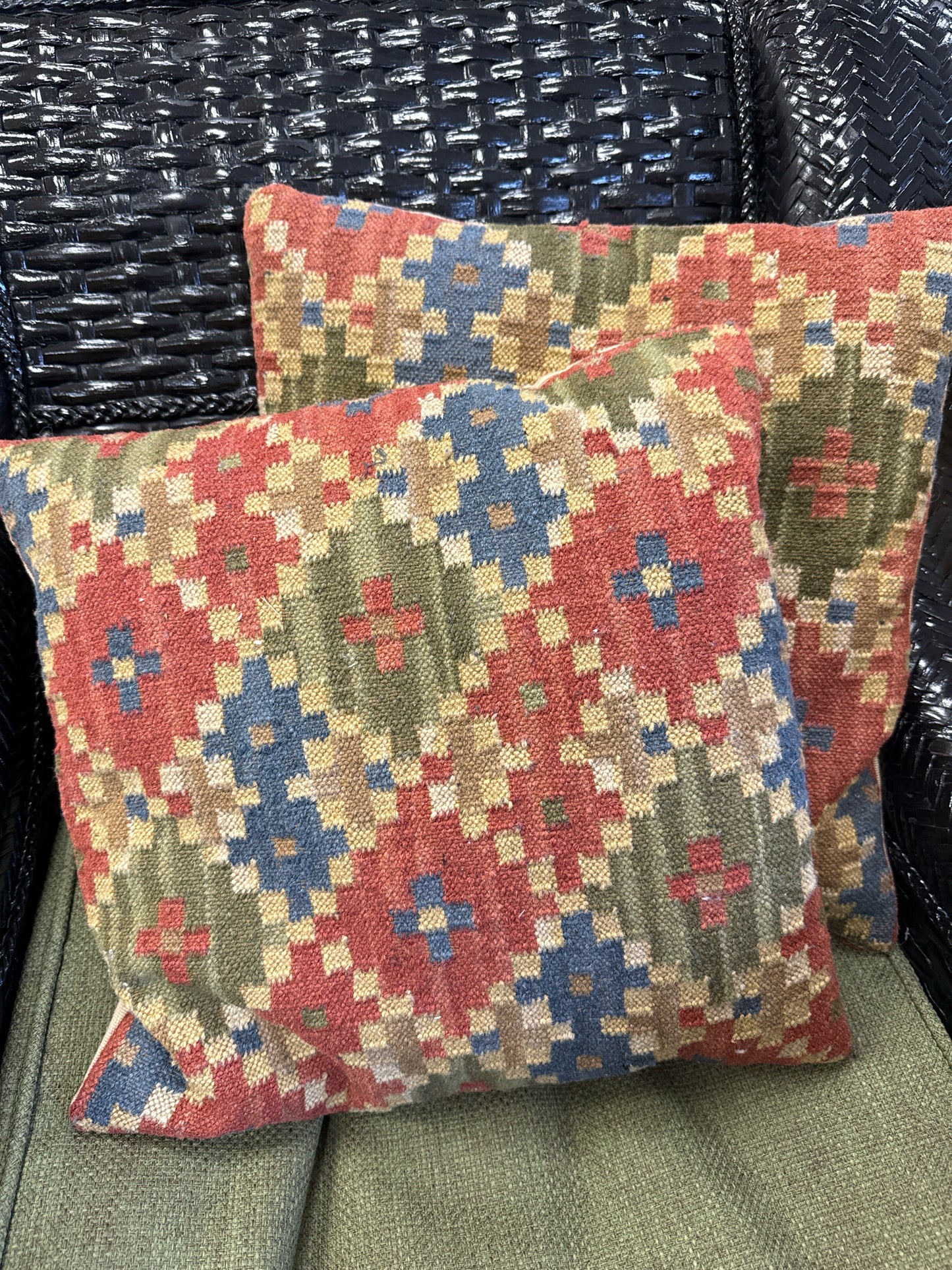 PAIR Pottery Barn "Kilim" Tapestry Pillow Red/Blue/Green