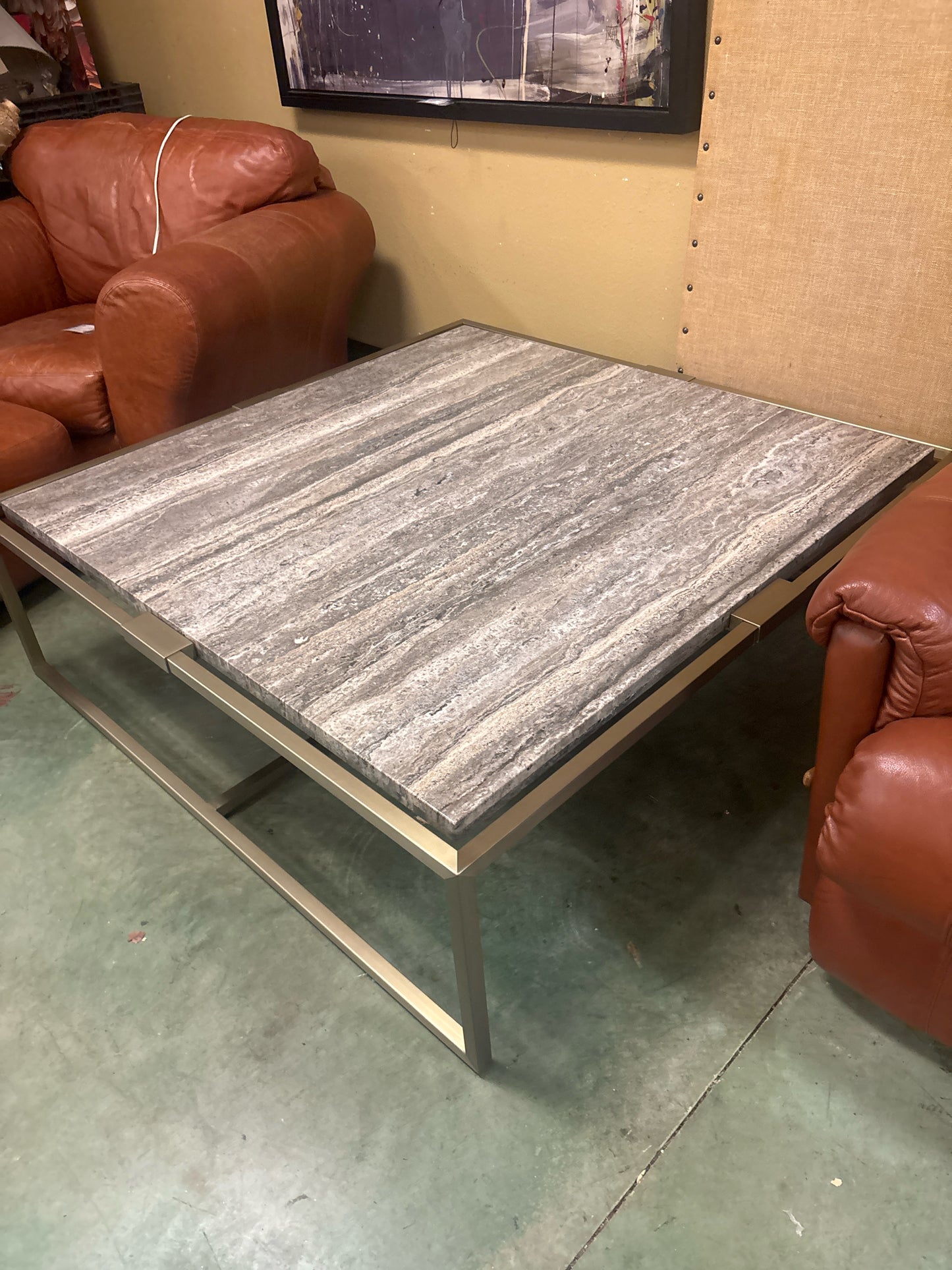 Vanguard Willet Cocktail Coffee Table w/ Travertine Top & Satin Brass Frame (52x