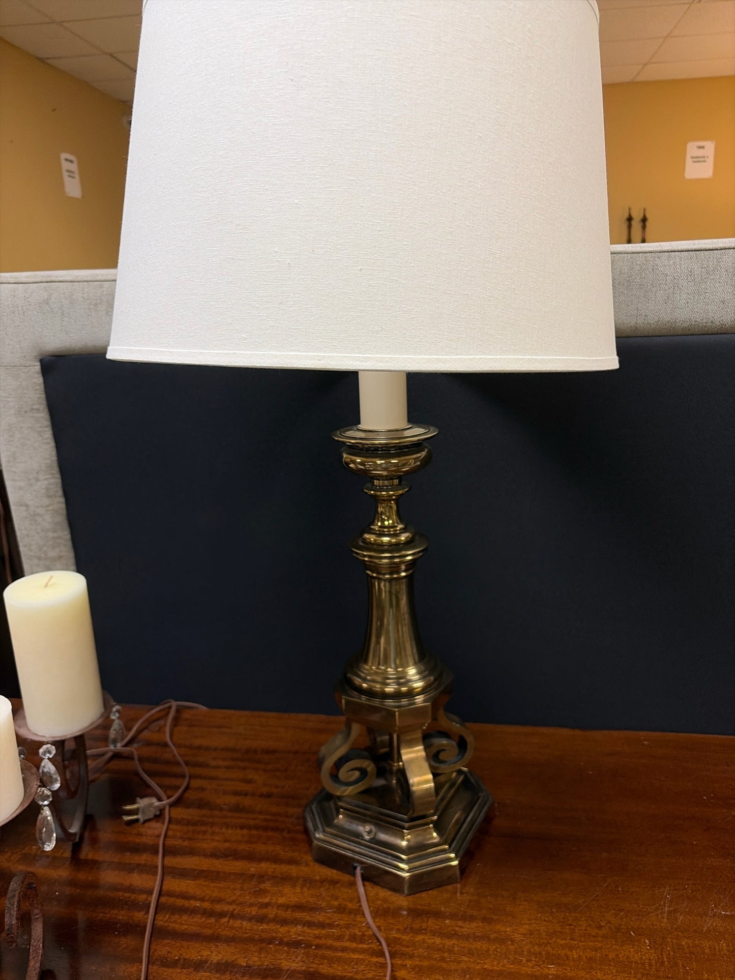 Stiffel- Solid Brass Lamp w/White Linen Shade