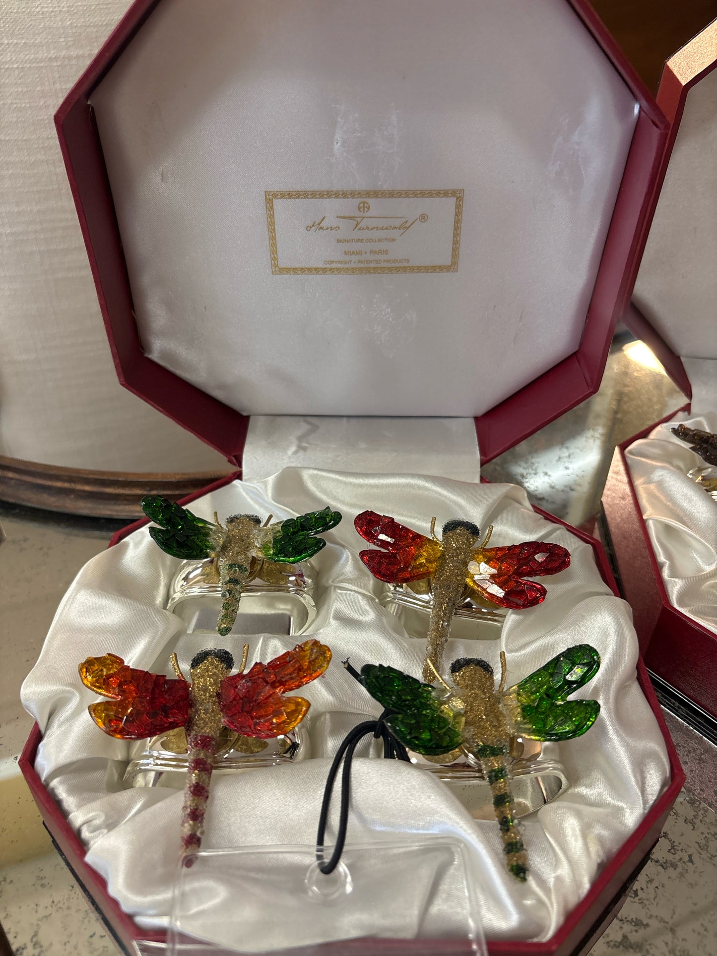 SET of 4 Hans Turnwald Stainless & Beaded Dragonfly Napkin Rings in Box