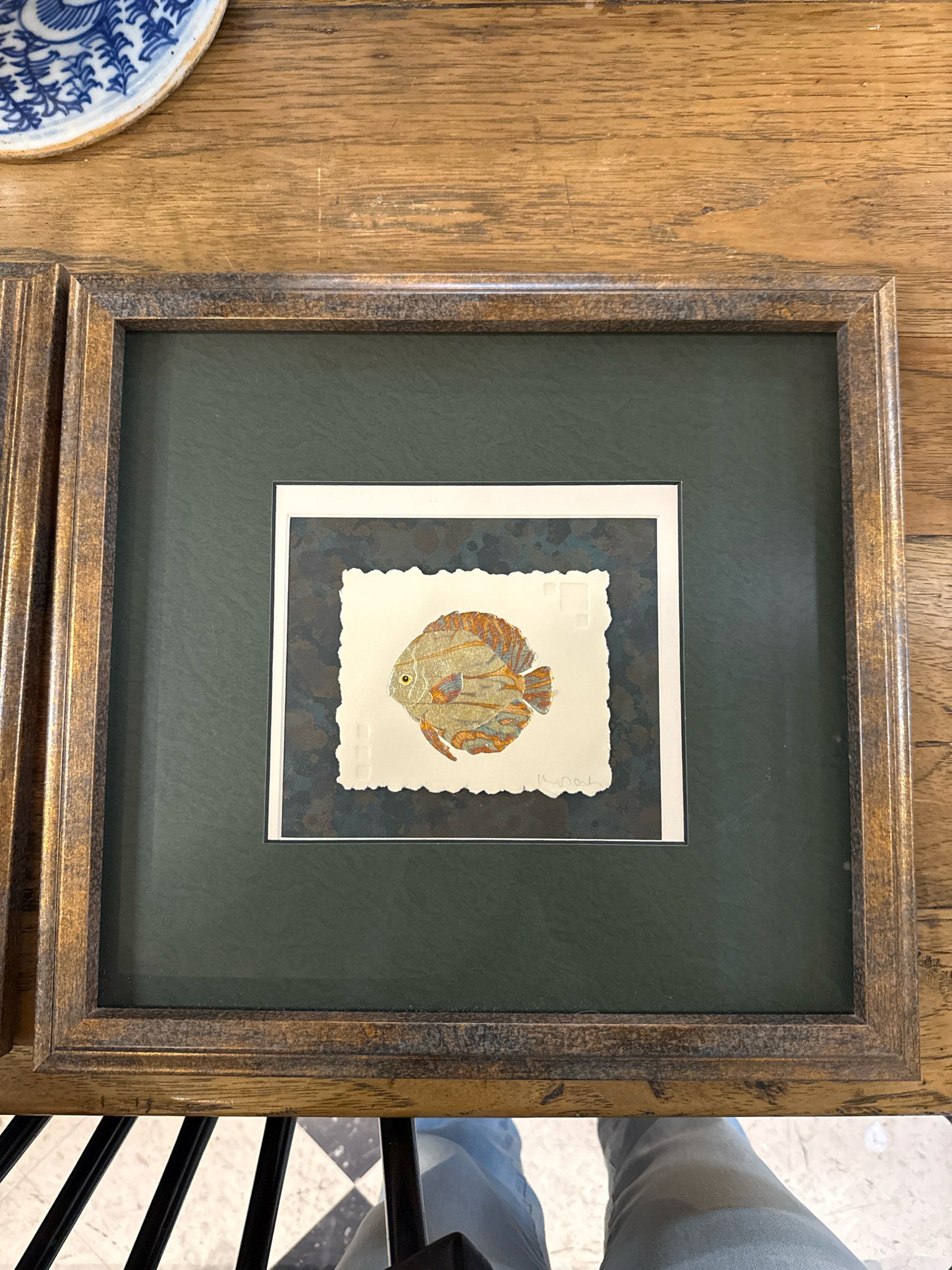 (15" x 16") Signed Mixed Media Painting of Discus Fish in Bronze Frame