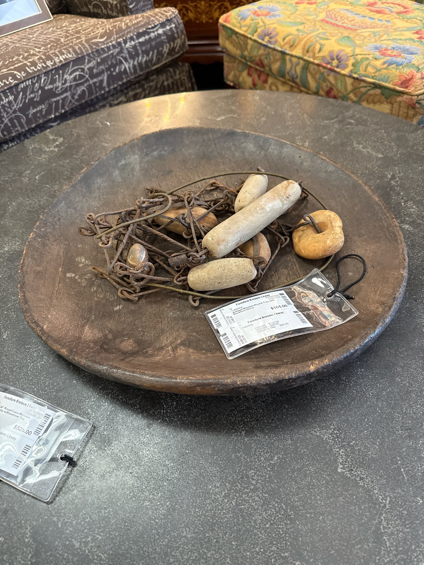 Antique Wooden Round Tray with Rock/Iron Decor