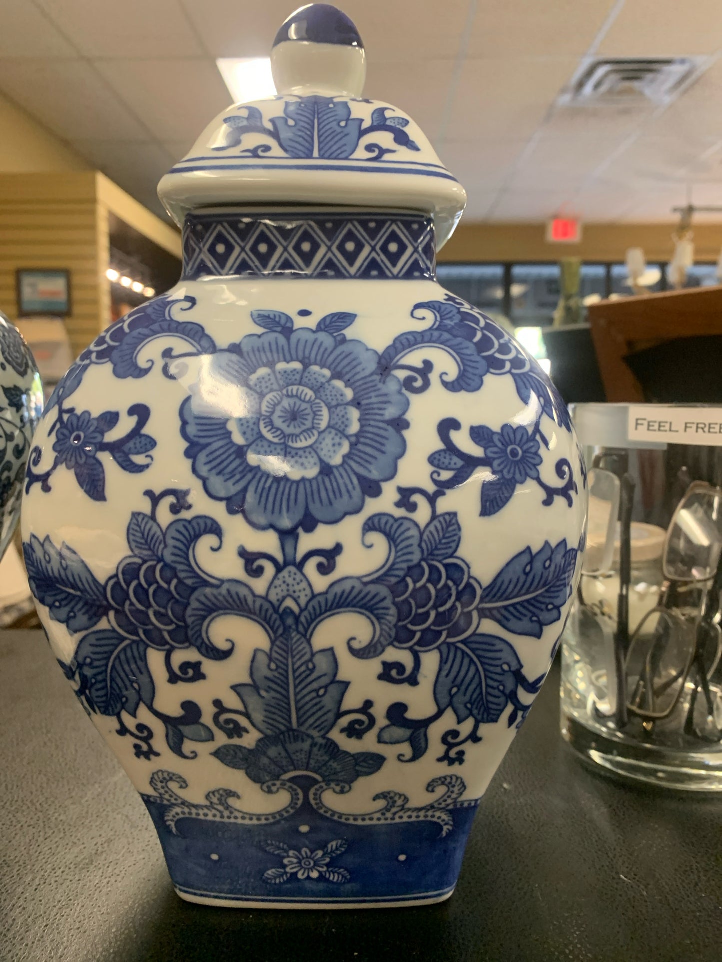 Ballard - Blue & White Lotus Chinoiserie Square Jar w/ Lid 12"
