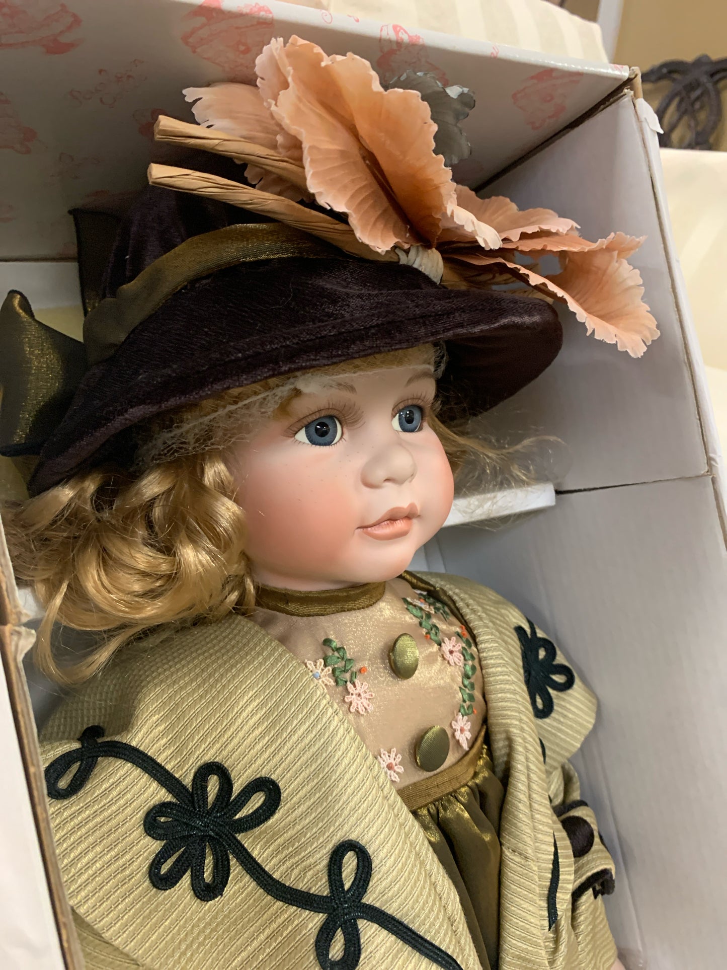 Antique Porcelain Doll in Original Box w/ Purse & Hat
