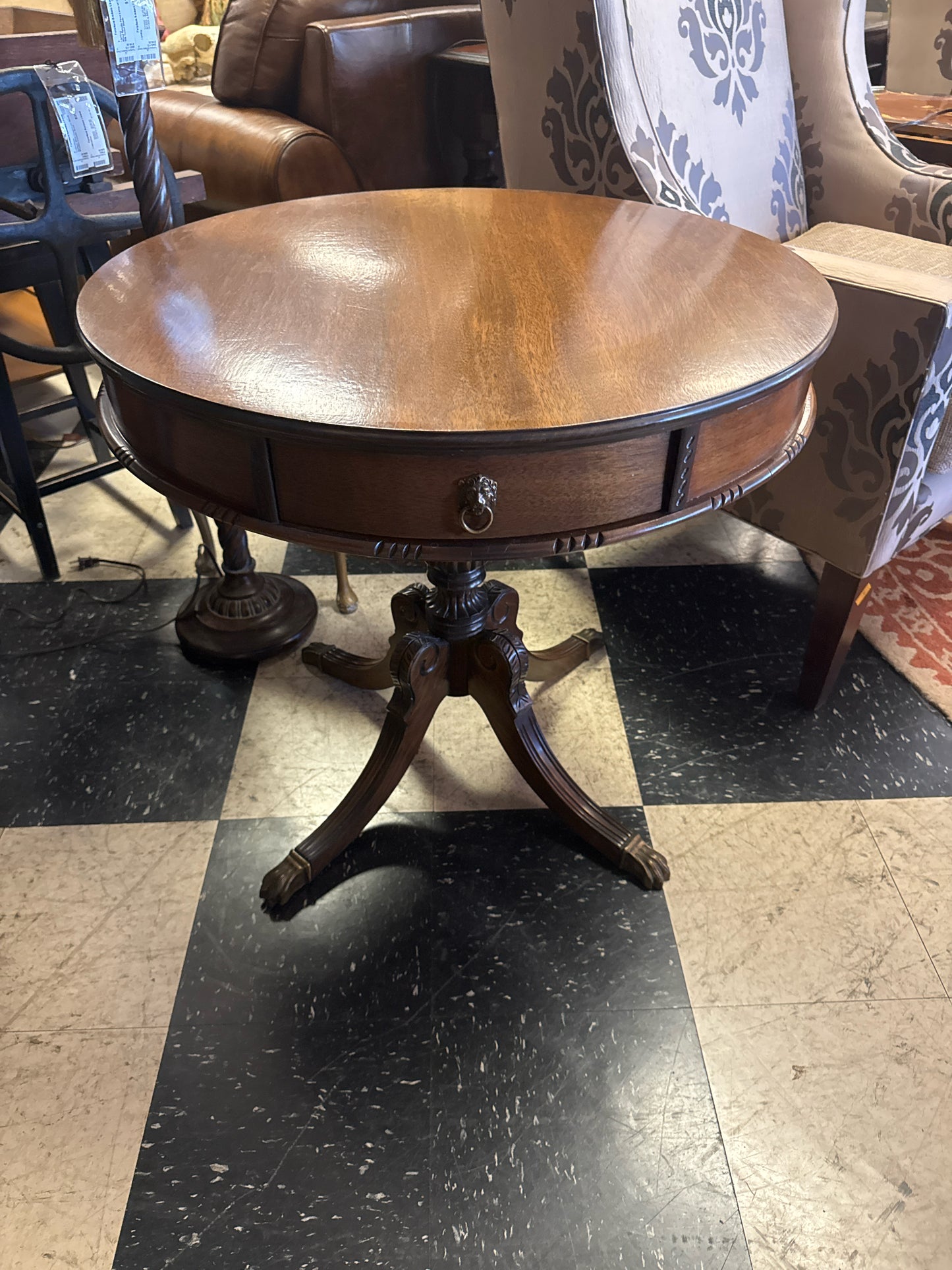 30" Round Antique Georgian Style Mahogany 1-Drawer Drum Table