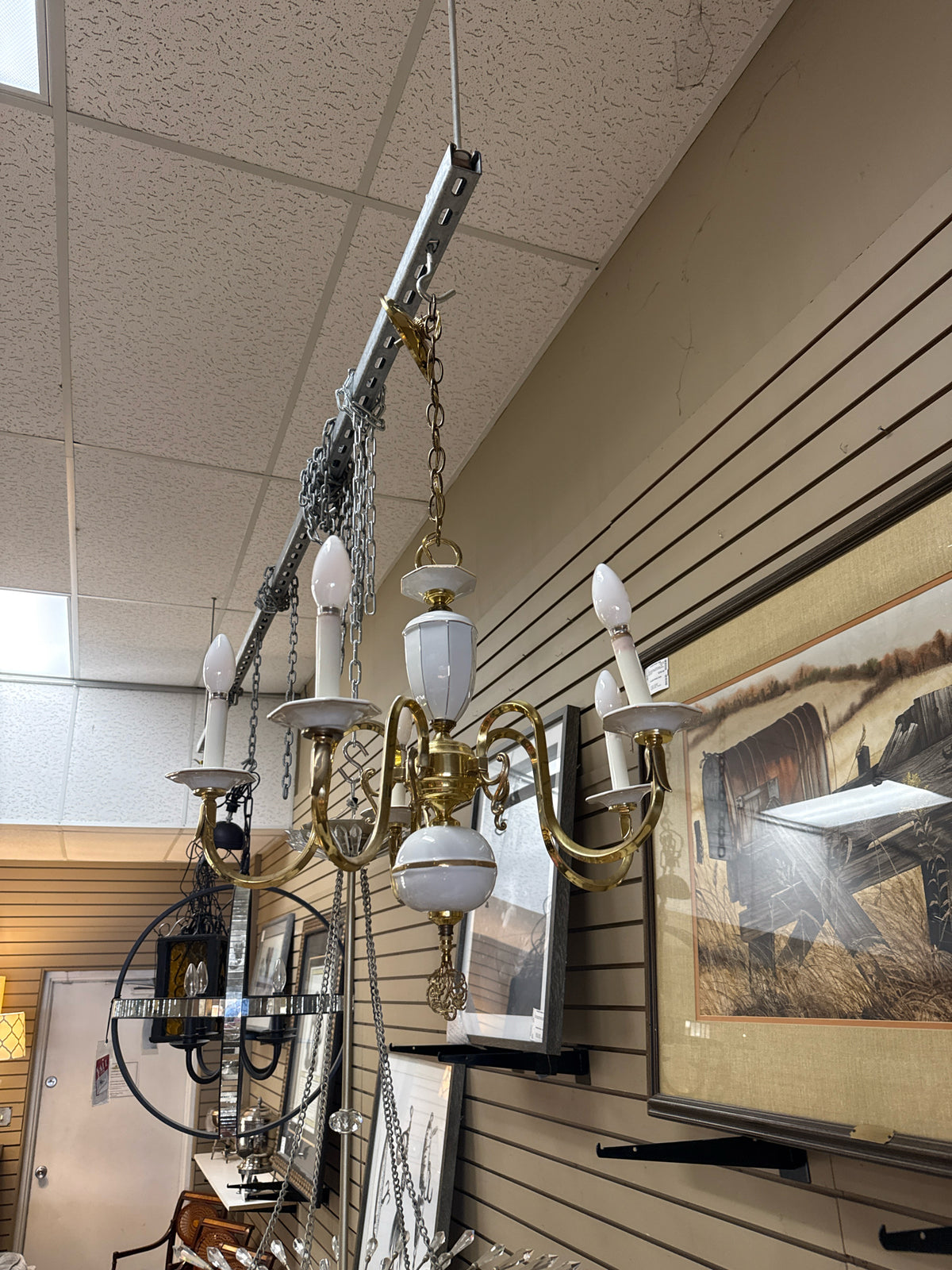 Hollywood Regency Porcelain White & Brass 5-Light Chandelier