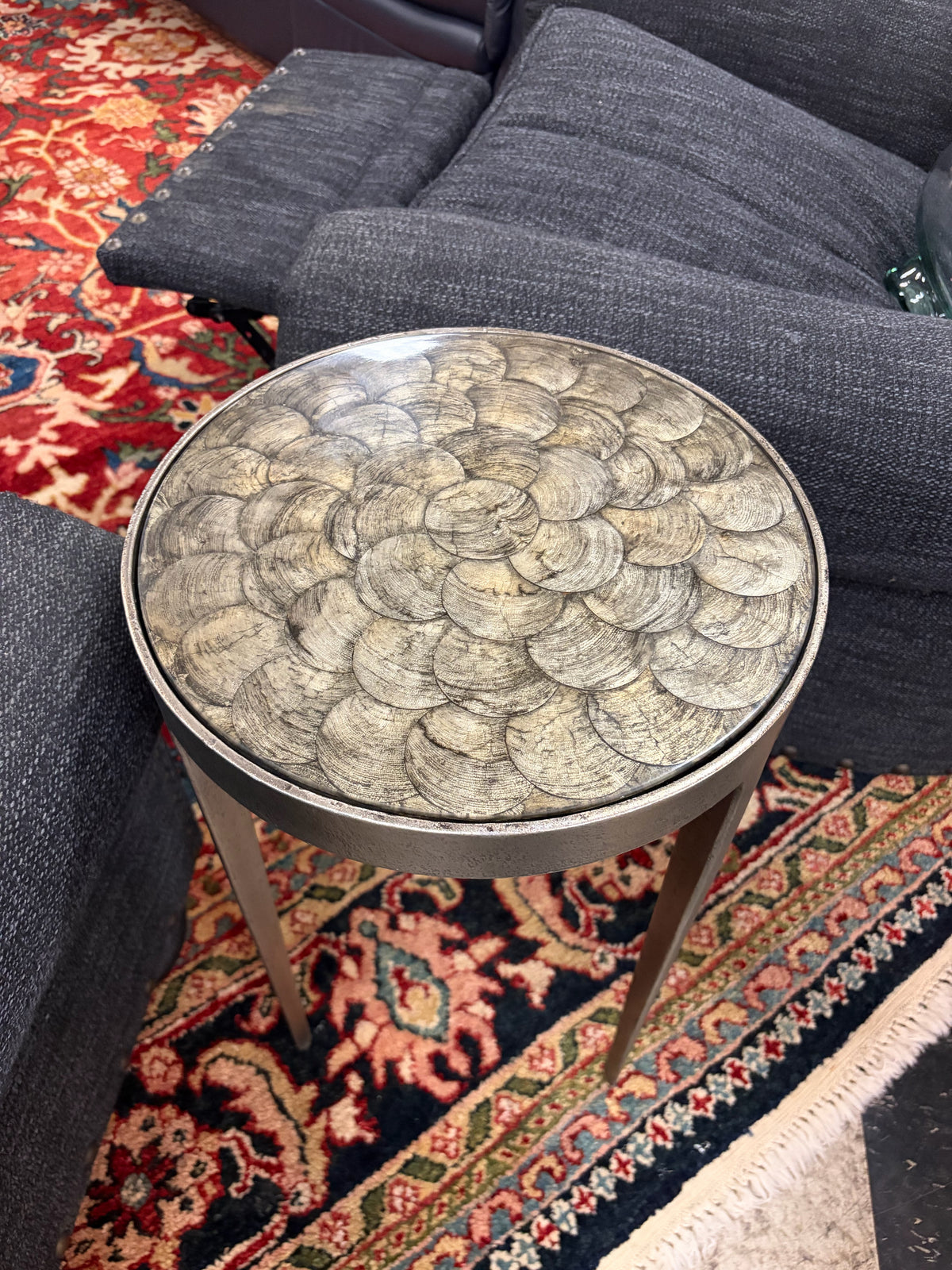 Ethan Allen Wallace Iron 13" Round Accent Table w/Natural Capiz Shell Top