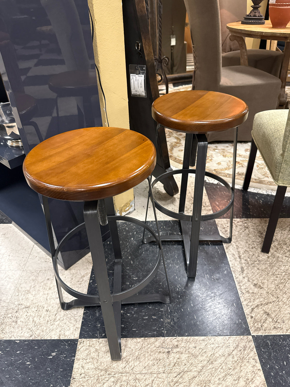 PAIR West Elm Wood Seat Industrial Adjustable Bar/Counter Stools w/Steel Base