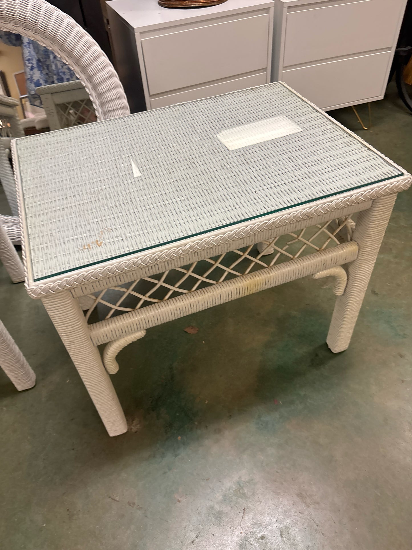 White Wicker Side Table w/ Glass Top