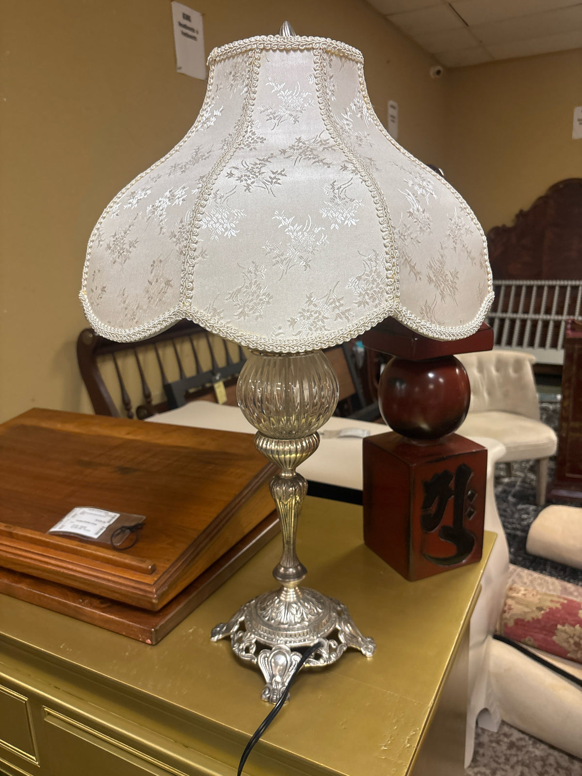 Hollywood Regency Style Lamp w/ Silver Base and Ivory Silk Shade