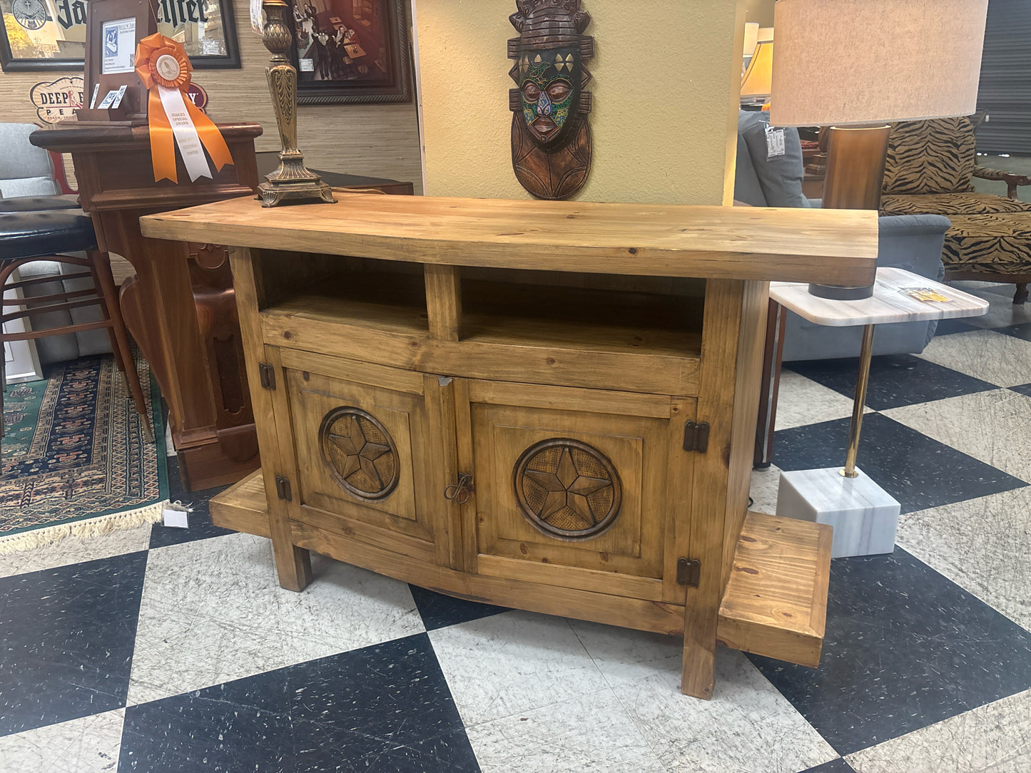 Rustic Wood Media Console w/ 2 Doors & TX Stars