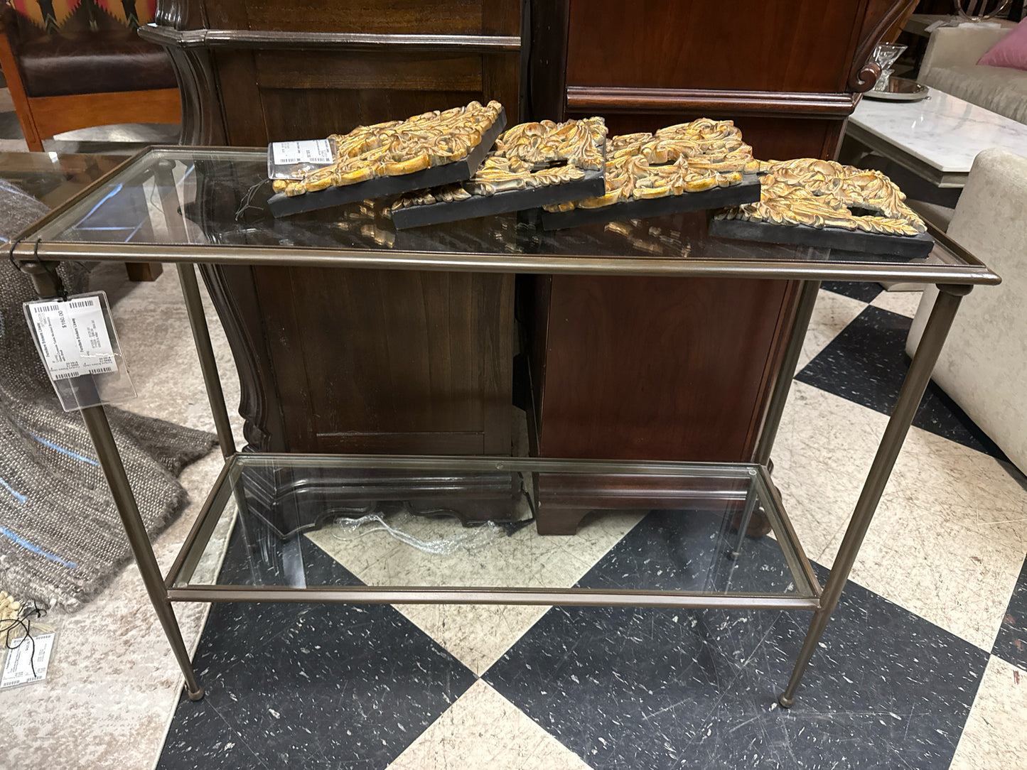 Glass Console Table Nickled Bronze with Shelf