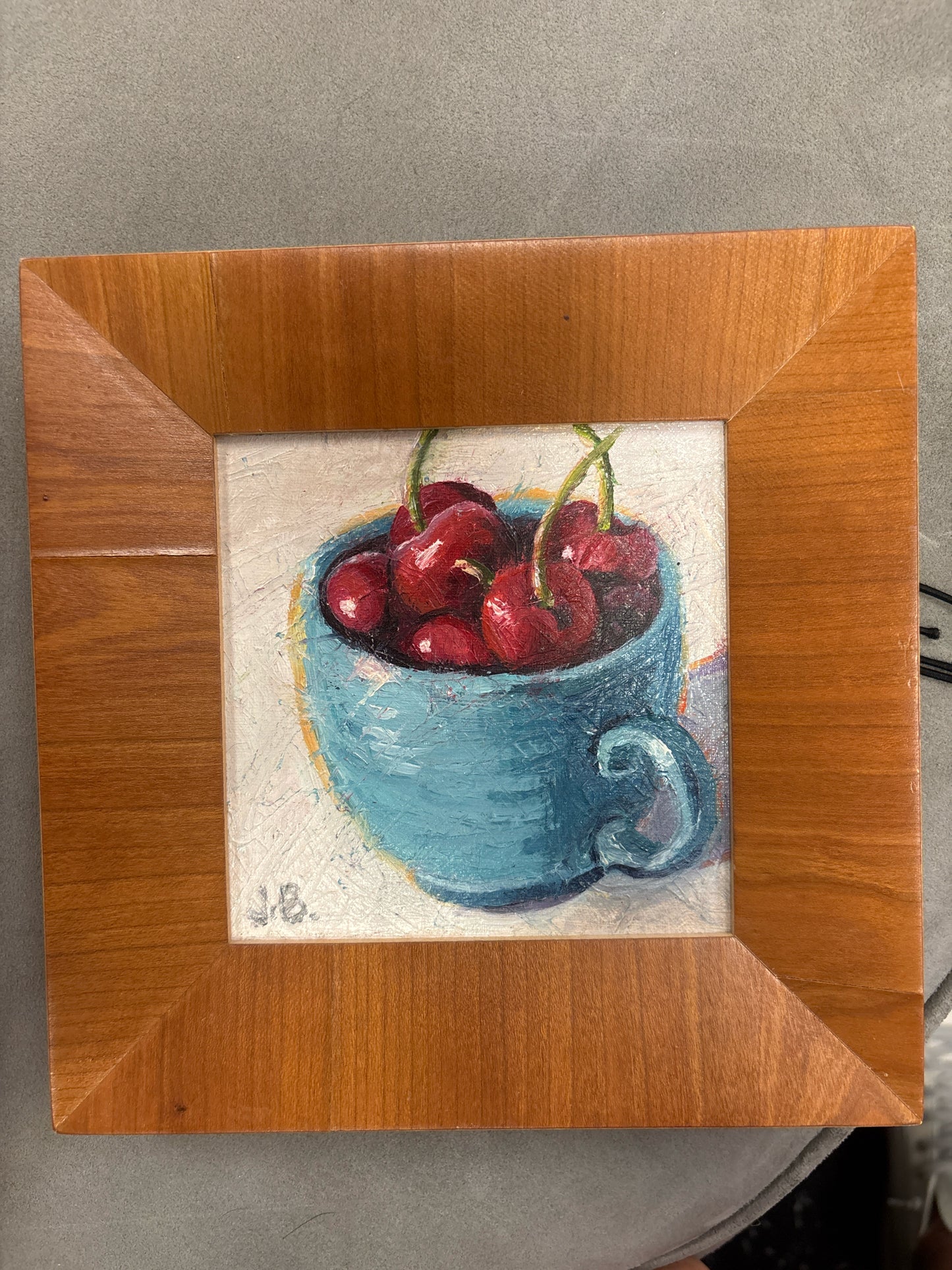 Signed Orig.Oil "Cherries in Aqua" in Light Wood Frame by J.Broussard(5x5)