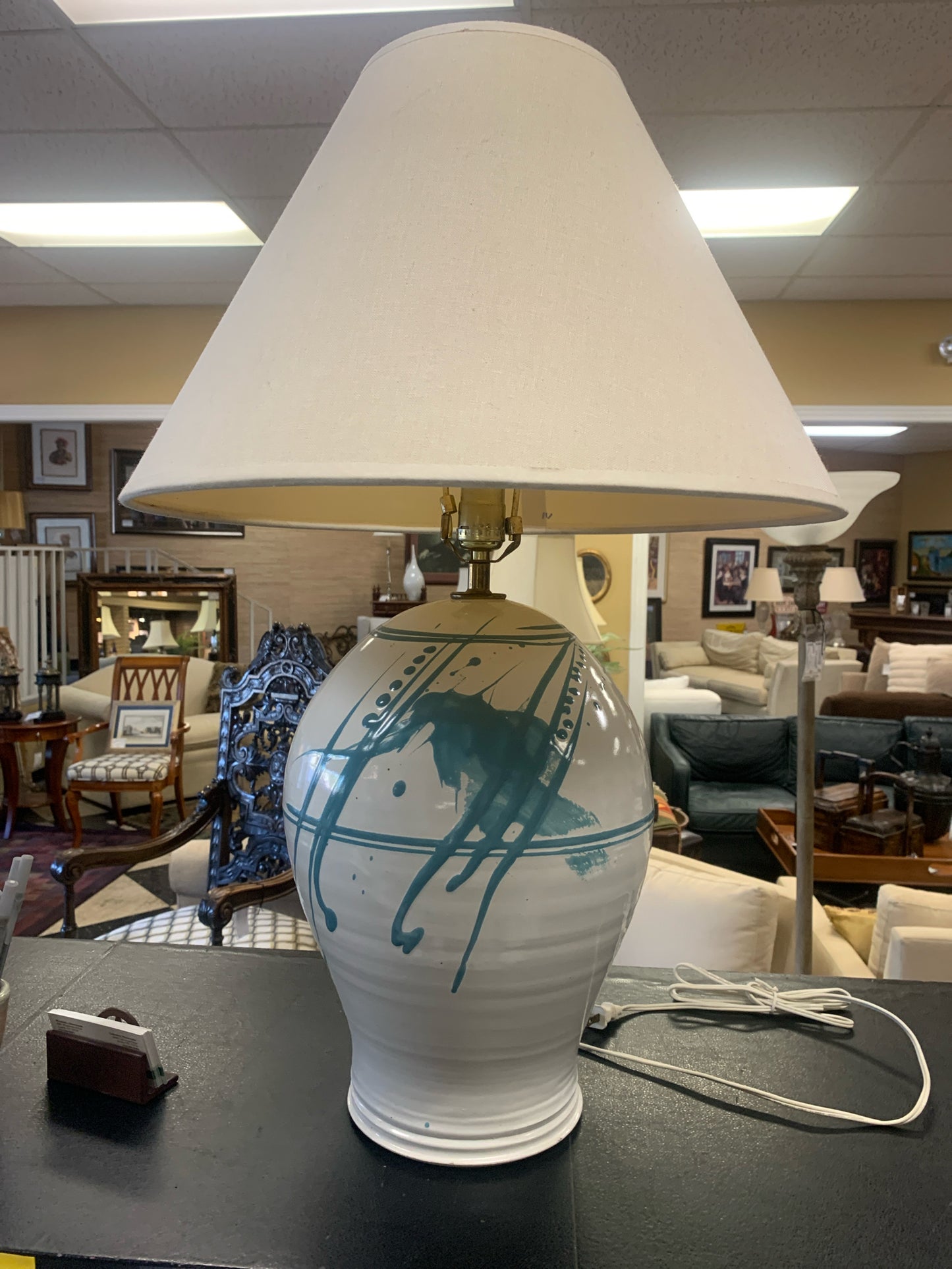 Blue & Cream Pottery Table Lamp w/ Cream Shade 28"