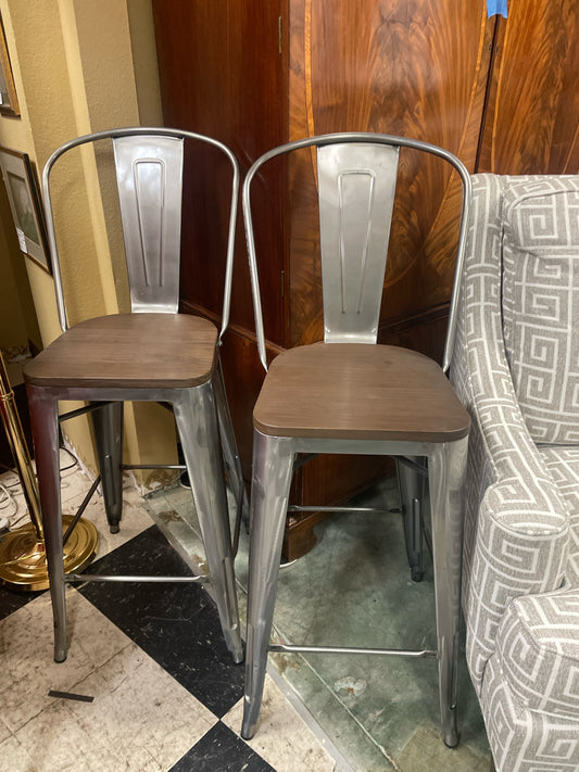 Pair Metal/Wood Seat Barstools