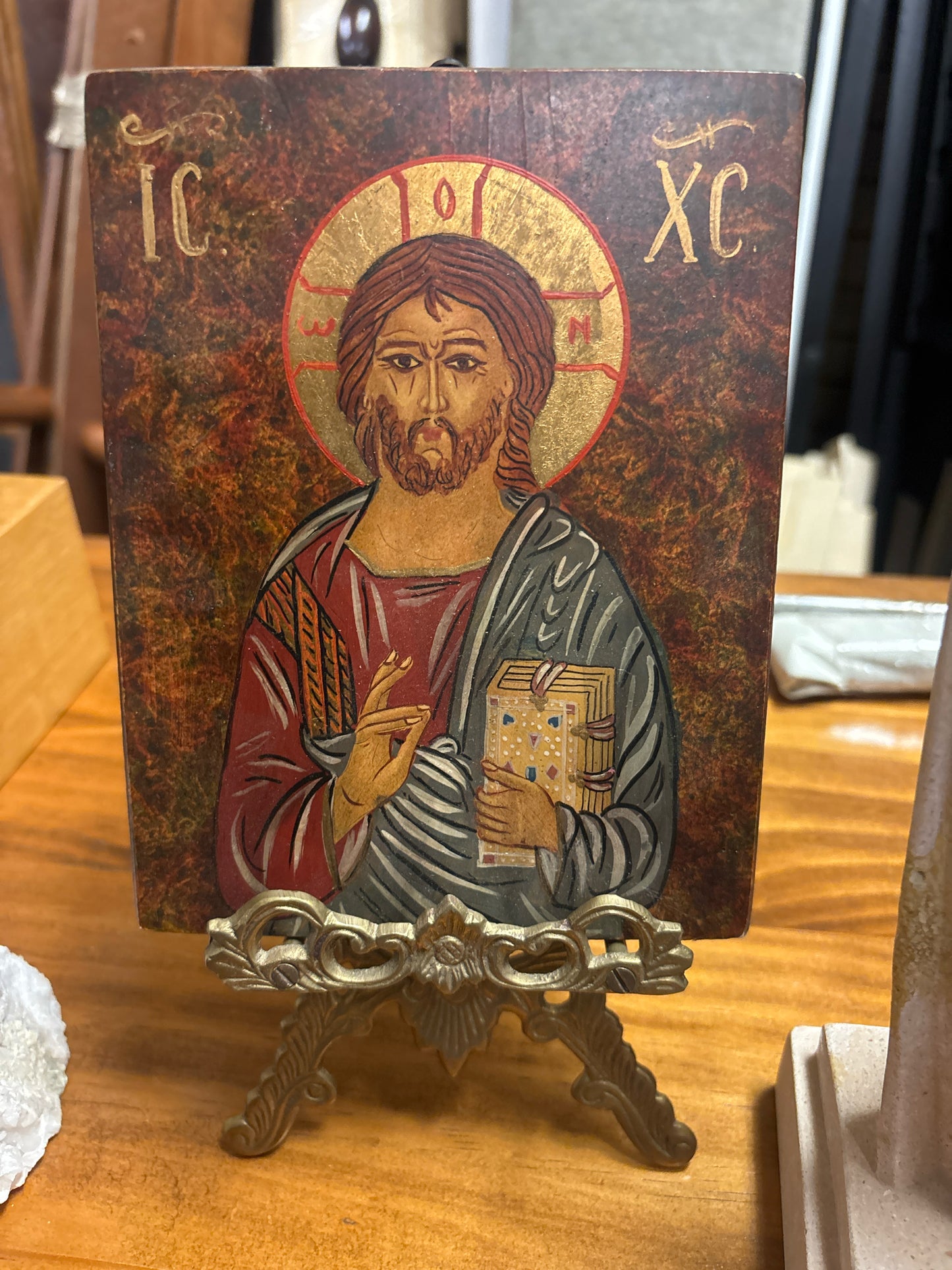 Greek Orthodox "Christ Pantocrator" Plaque on Brass Stand