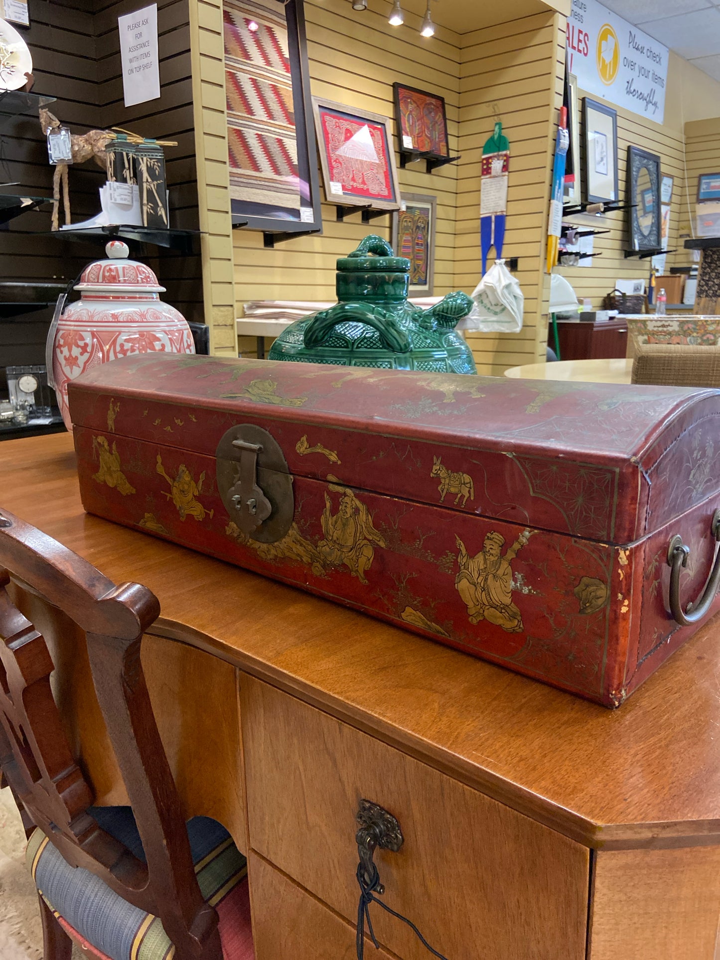 19th Century Chinese Red Lacquered Pigskin Scroll Box (25"W x 8.5"D x 6"H)