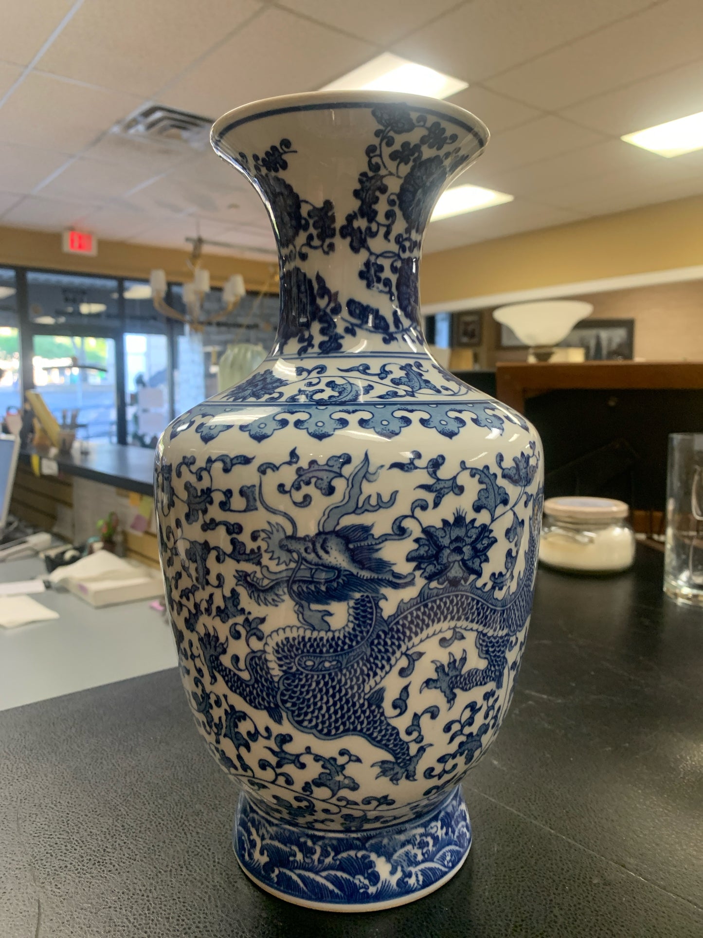 Stamped Blue & White Vase w/ Dragon 14"