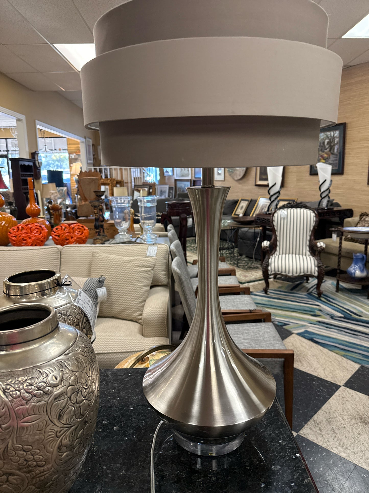 PAIR of John Richard Table Lamps w/ Silver Base & Taupe Silk Shades