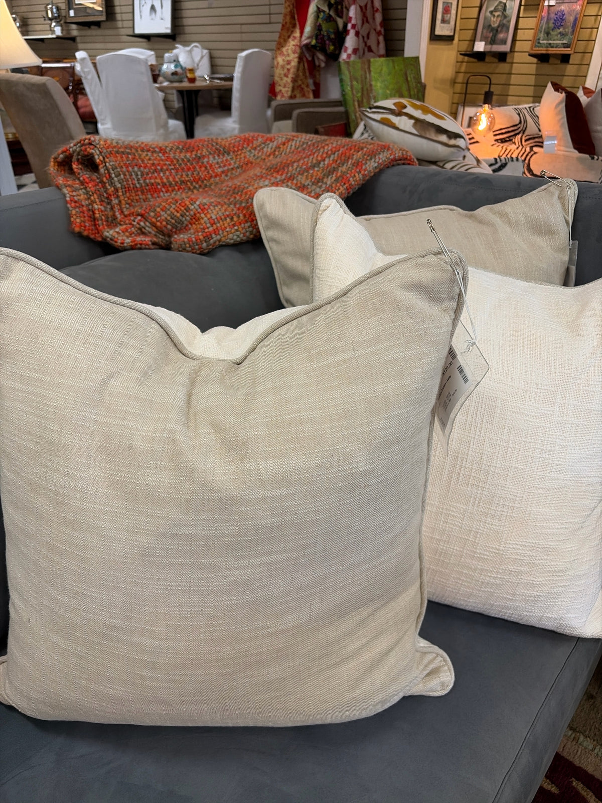 Custom Down Filled Off White/Tan Linen Pillow