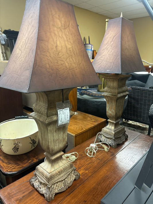 PAIR - Tall Bronze Table Lamps w/ Bronze Shades