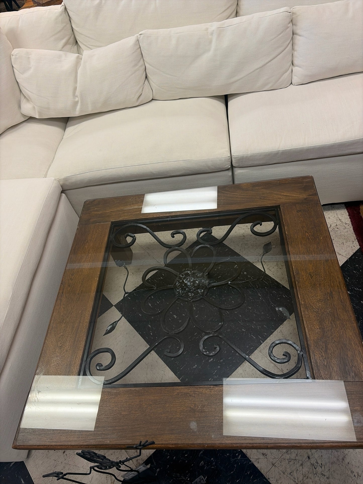 40" Square Wood Coffee Table w/ Iron Scroll & Glass Top