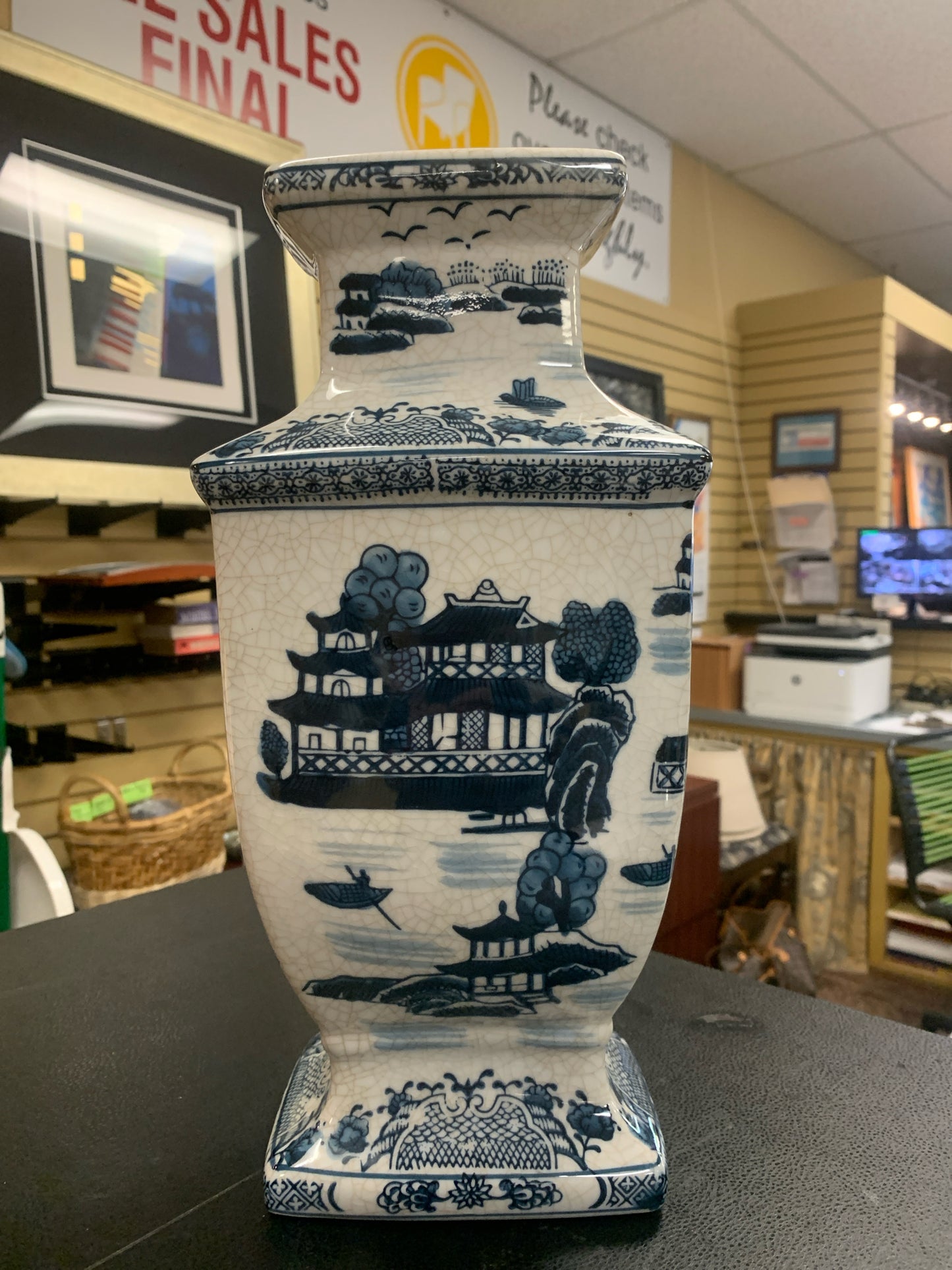 Crackled Asian Village Blue & White Vase 14"